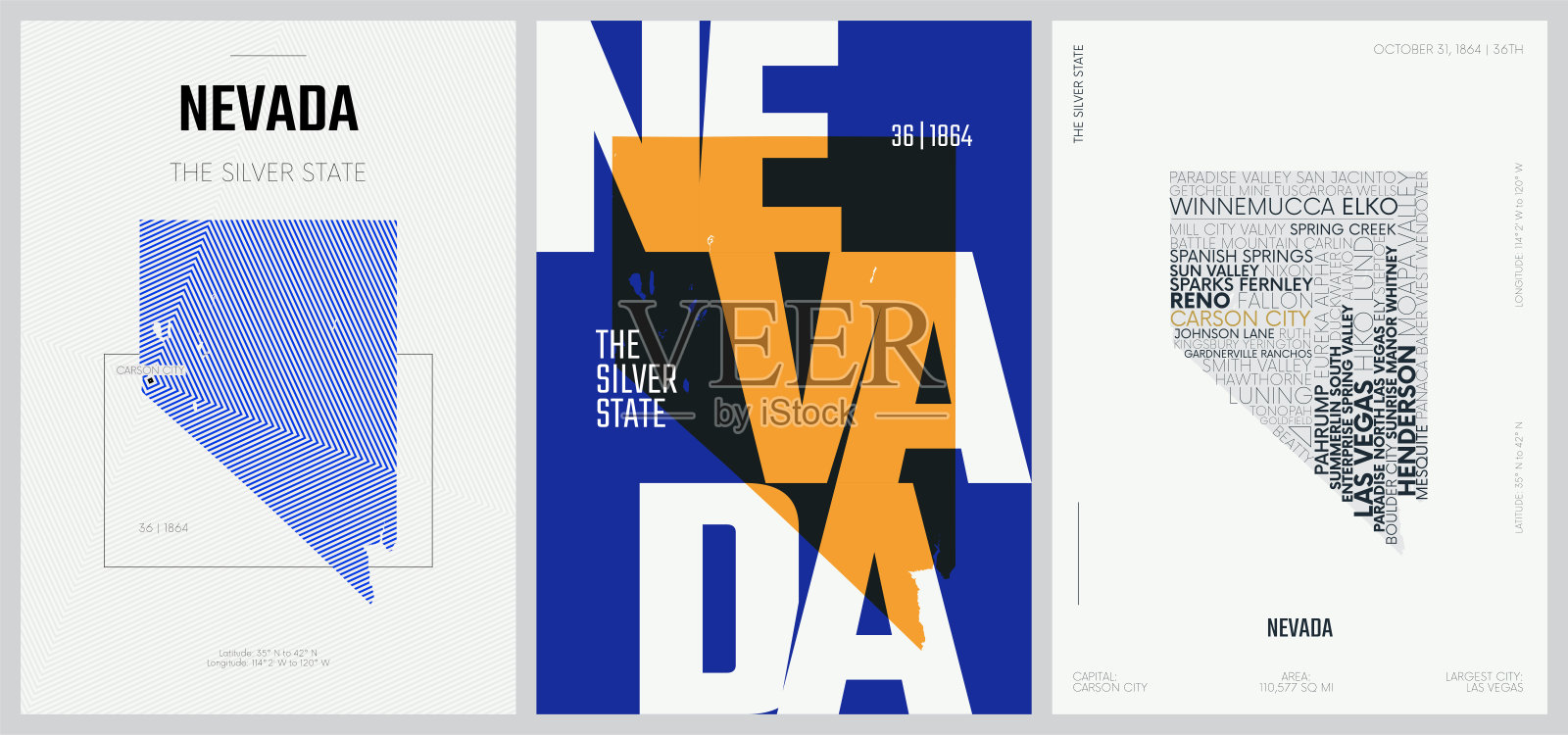 50套中的36，美国州海报有3种设计风格的名称和信息，详细的矢量艺术打印内华达州地图插画图片素材