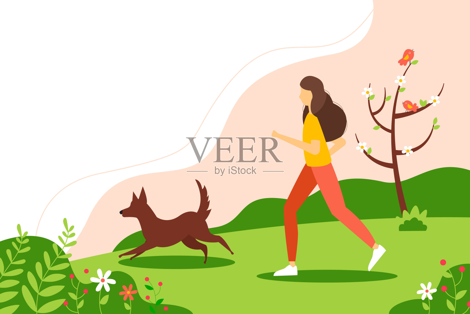 在公园里遛狗的女人。积极的生活方式的概念。扁平风格的春季插画。插画图片素材