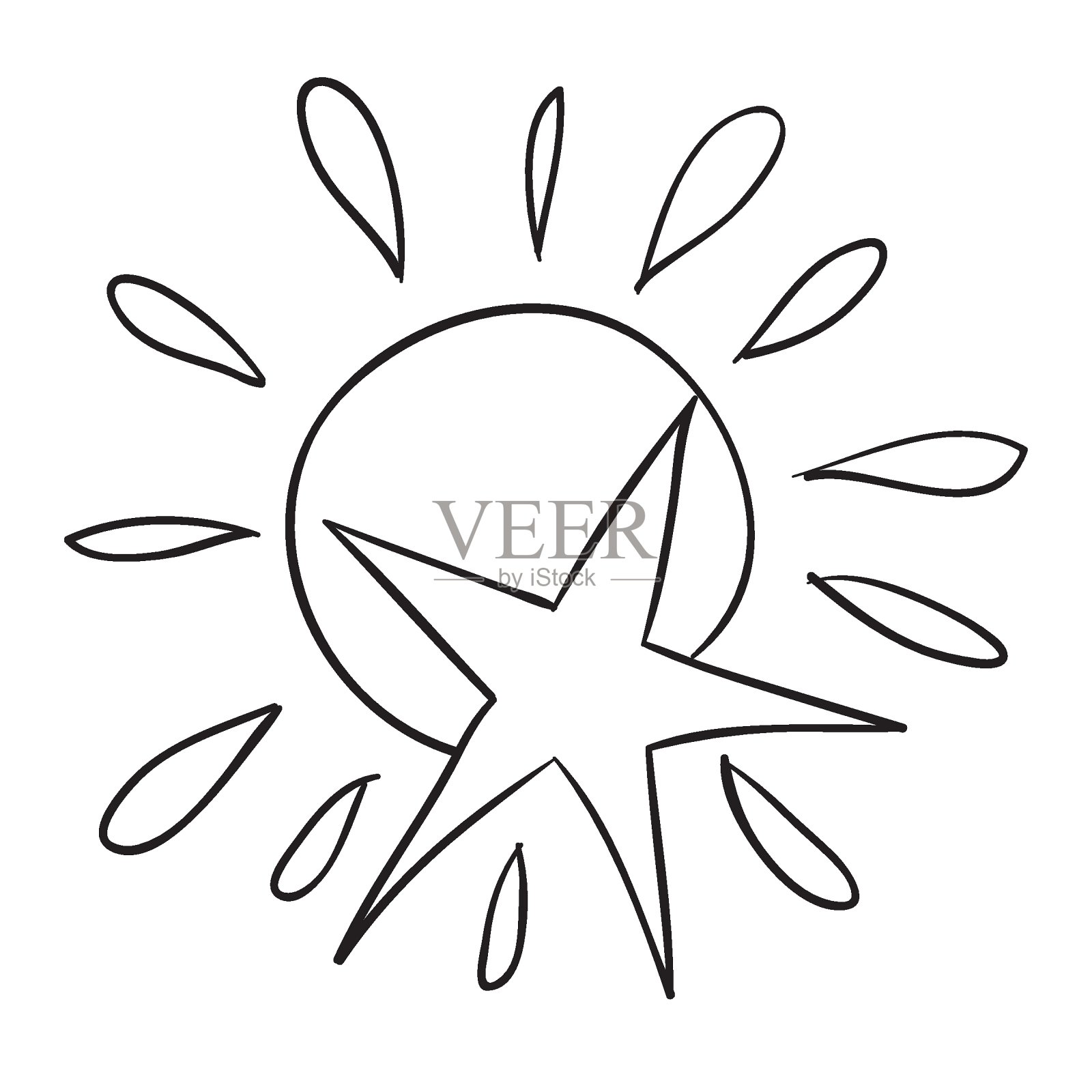 概念,太阳和星星的草图,着色书,卡通插图,白色背景上的孤立物体,矢量