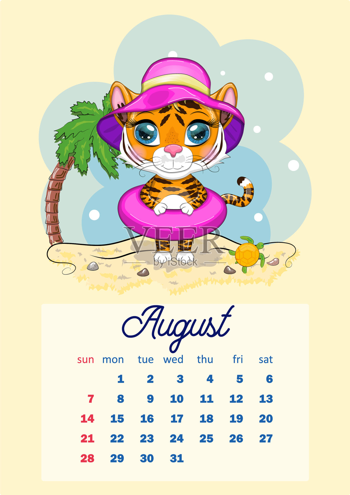 可爱的老虎挂历设计模板为2022年插画图片素材