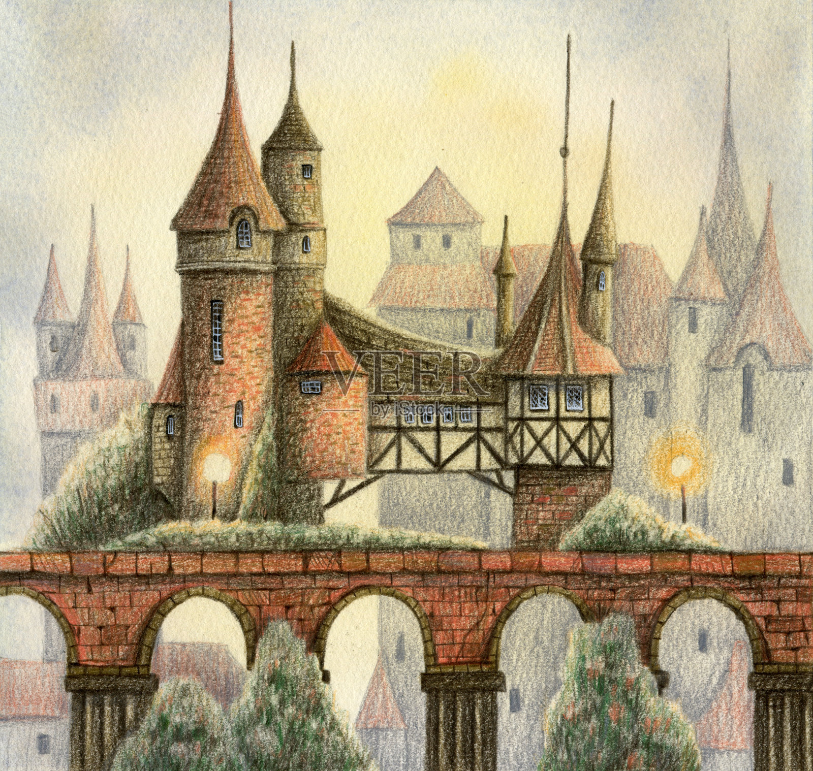 有房屋和树木的中世纪城市街道。插画图片素材