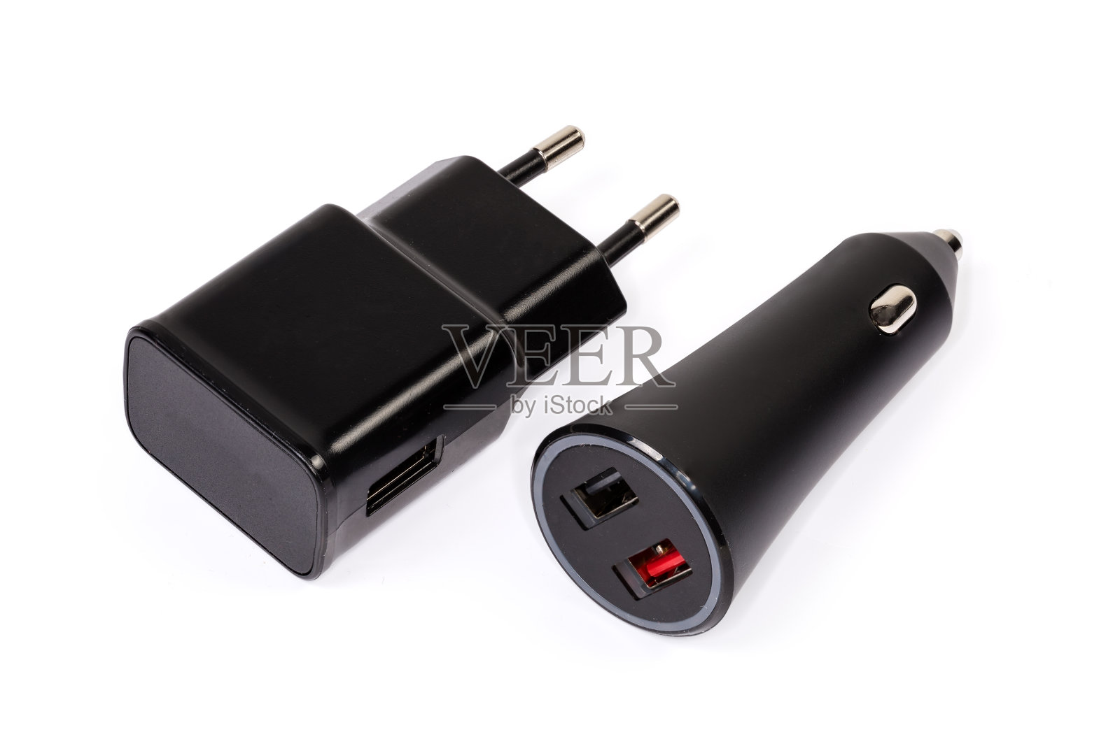 汽车USB充电器和AC欧洲插头充电器的便携式配件照片摄影图片