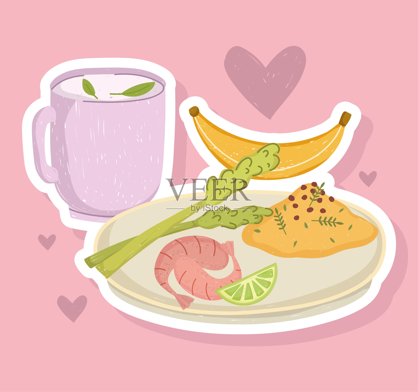 健康食物晚餐有虾沙拉香蕉和插画图片素材