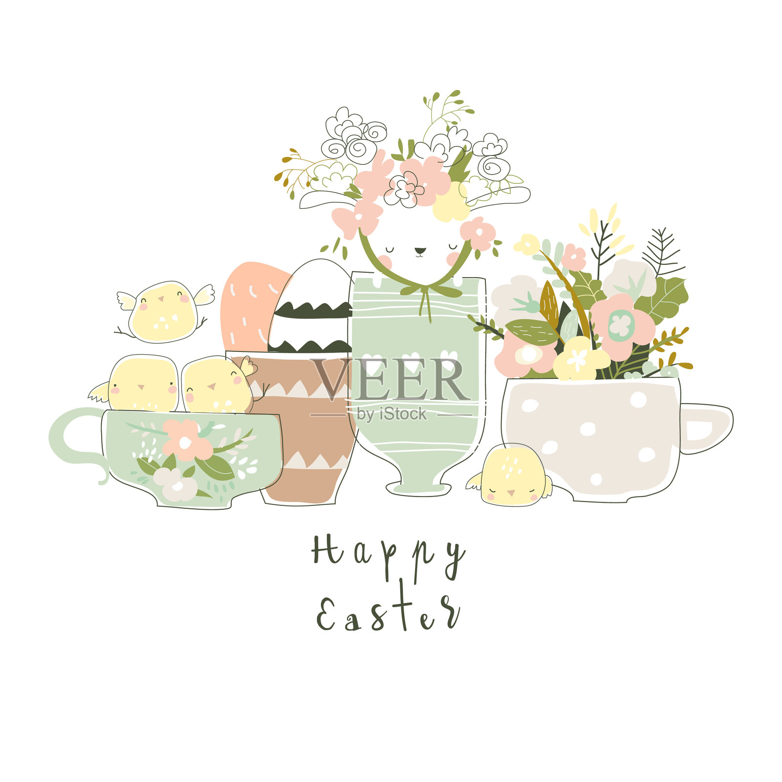 可爱的小兔子和小鸡坐在杯子里庆祝复活节设计元素图片
