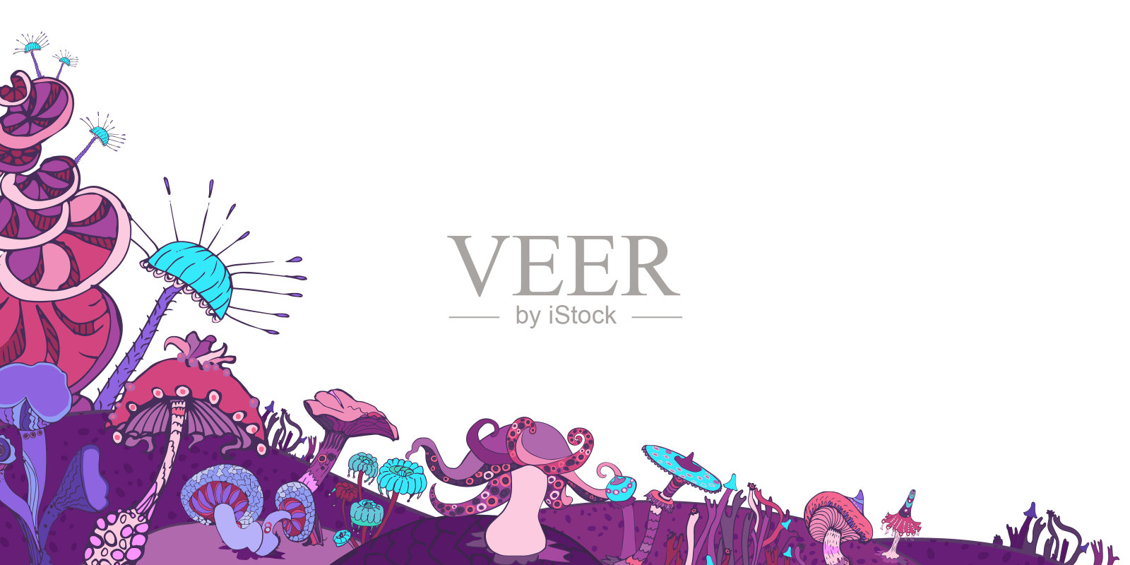 梦幻装饰角与各种形状的魔术蘑菇在白色的背景。美丽神奇的画框景观，手绘概念。矢量插图。插画图片素材