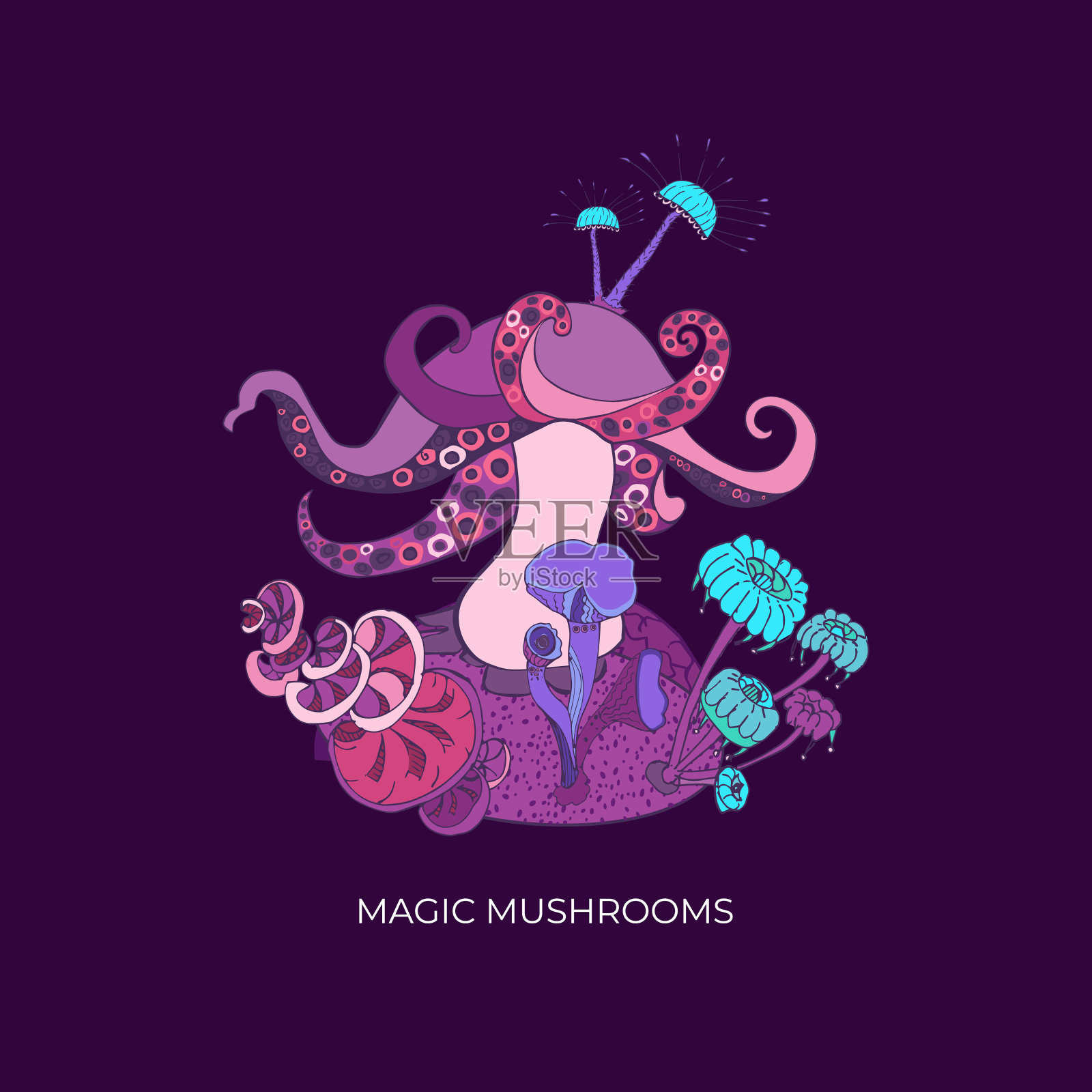 梦幻装饰背景与魔术蘑菇的各种形状在黑暗的背景。美丽神奇的景观，手绘概念。矢量插图。插画图片素材