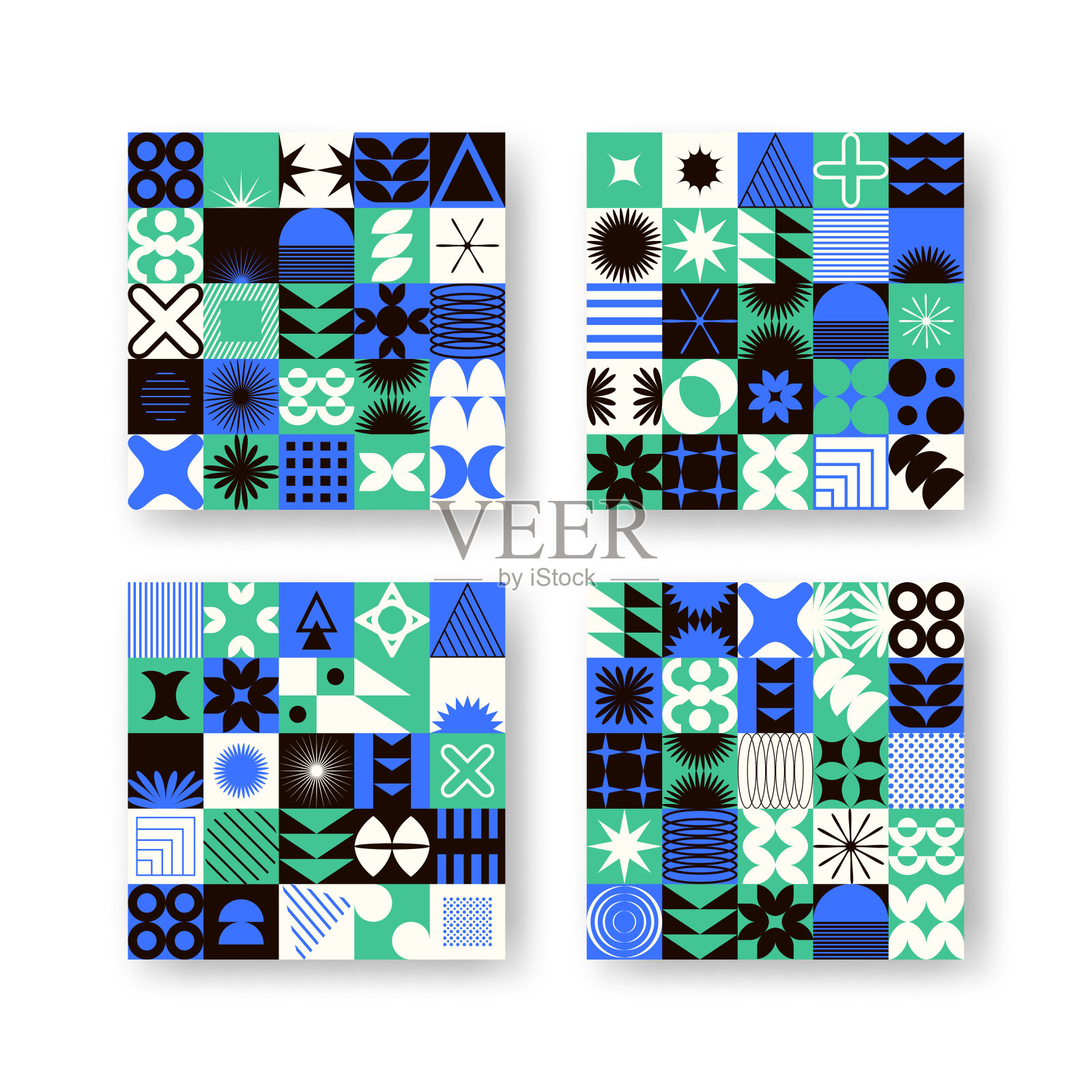 向量集与抽象的彩色极简拼接几何元素。当代的马赛克简单的各种形状，曲线，线条，之字形。海报打印模板，网页设计，纺织品，背景插画图片素材