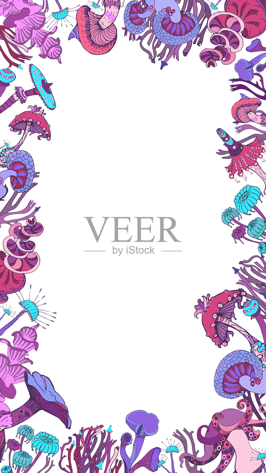 梦幻装饰框架与魔术蘑菇的各种形状的白色背景。可爱的封面社交网络。手绘的概念。矢量插图。插画图片素材