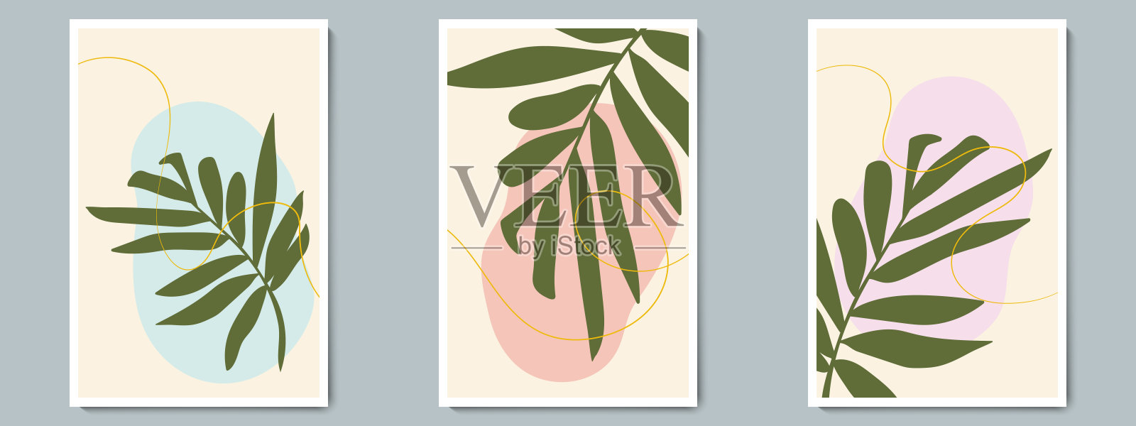 植物墙艺术矢量海报春，夏集。极简主义的布什与抽象简单的形状和黄金线插画图片素材