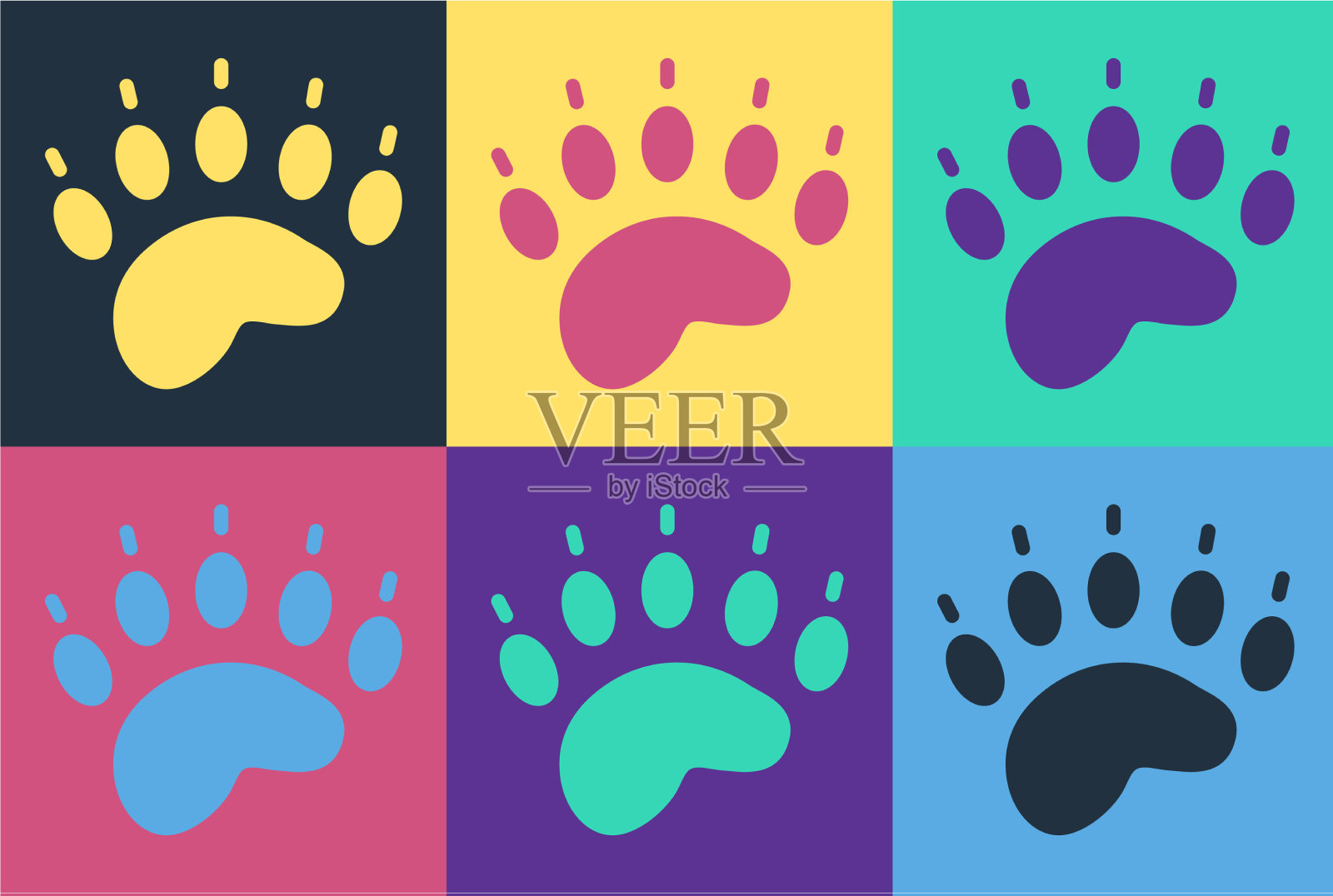 波普艺术熊爪脚印图标孤立的颜色插画图片素材