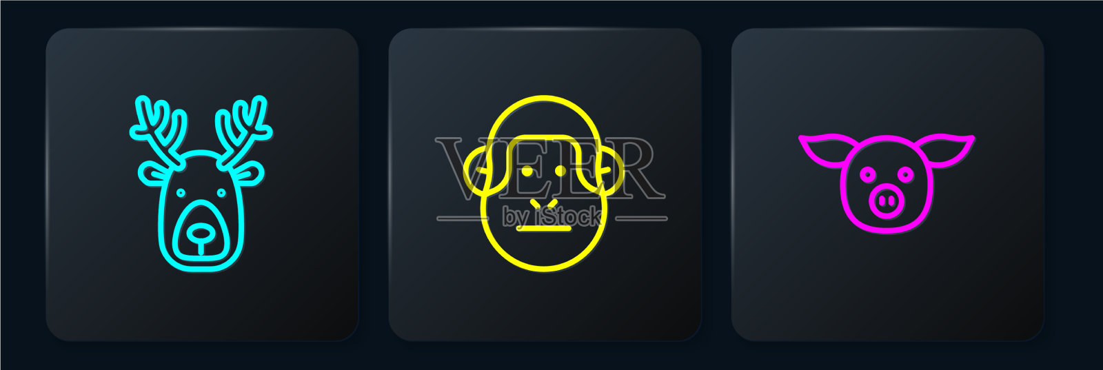 设有角的鹿头，猪和猴子图标素材