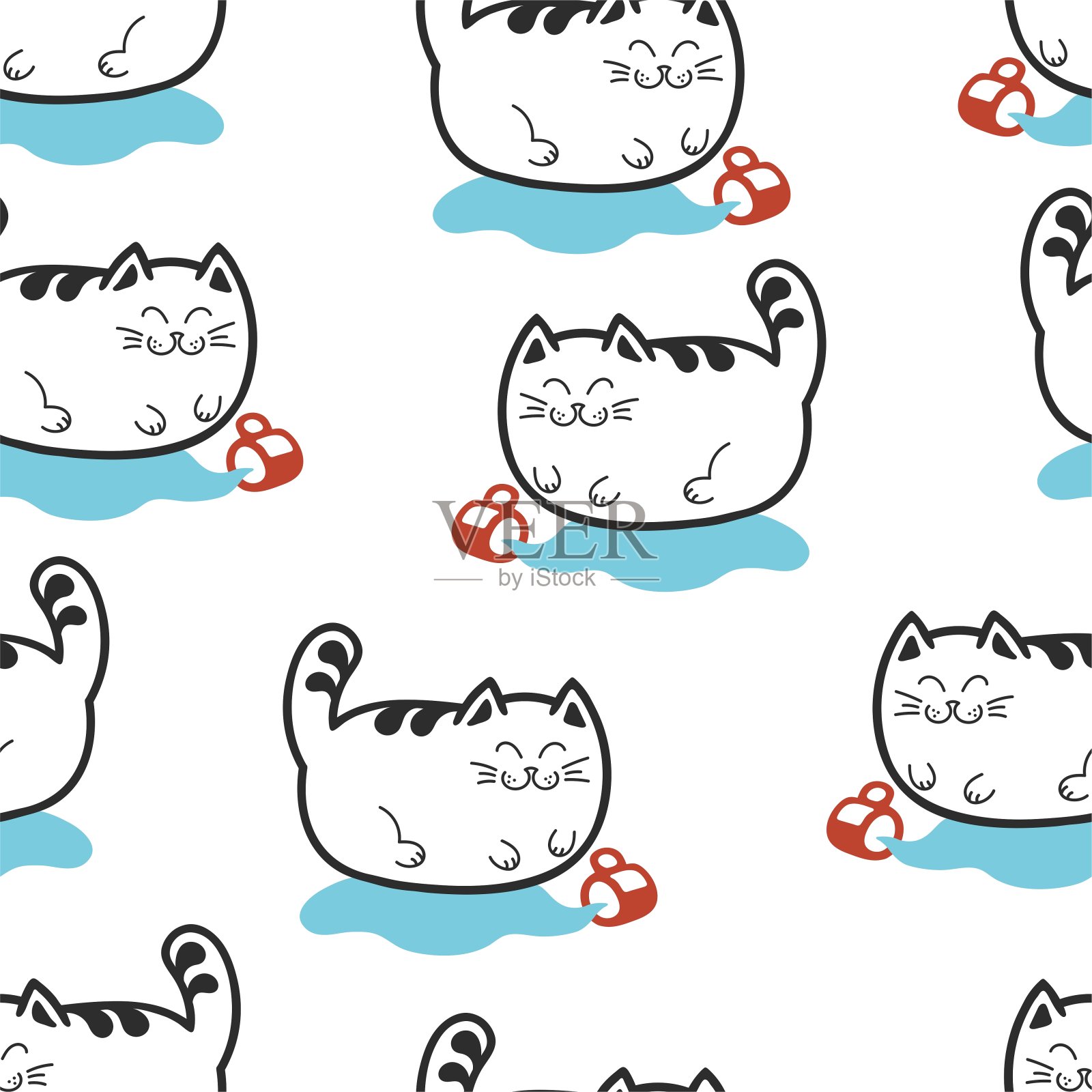 猫把杯子打翻了。猫很调皮，在玩耍。胖猫或小猫。无缝的背景。插画图片素材