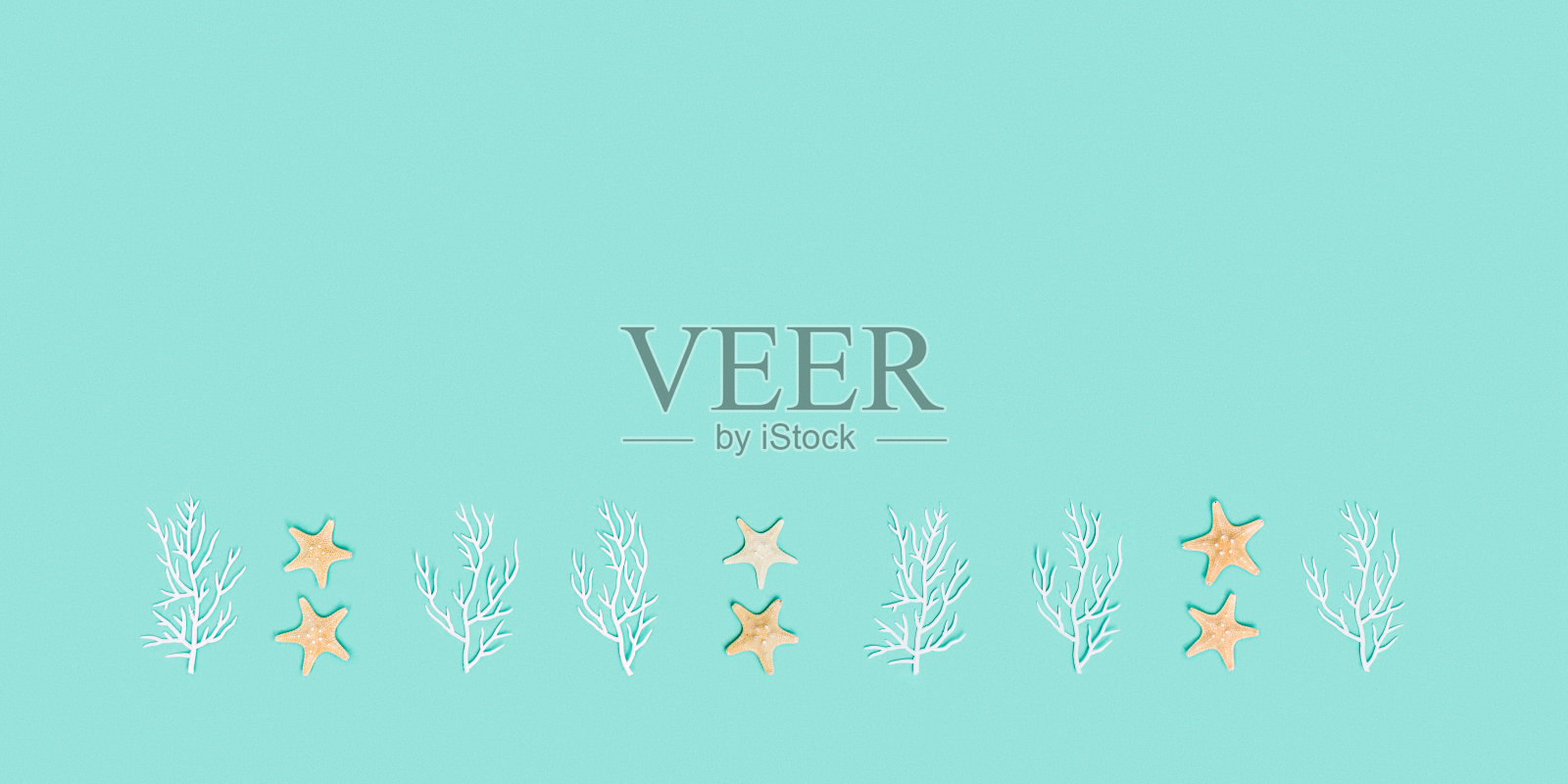 夏季海洋图案与海星和白色珊瑚在绿松石上。海洋生物的航海概念照片摄影图片