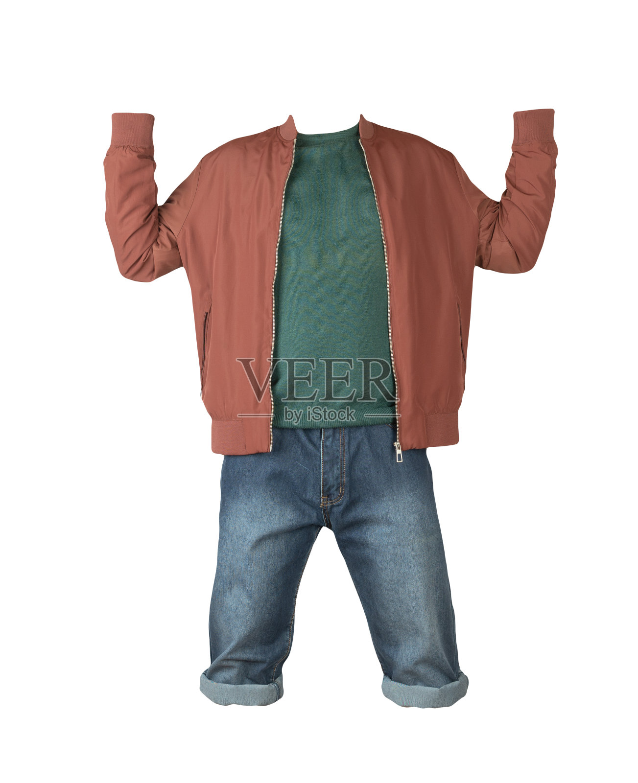 牛仔蓝短裤，毛衣和夹克上的拉链孤立的白色背景照片摄影图片