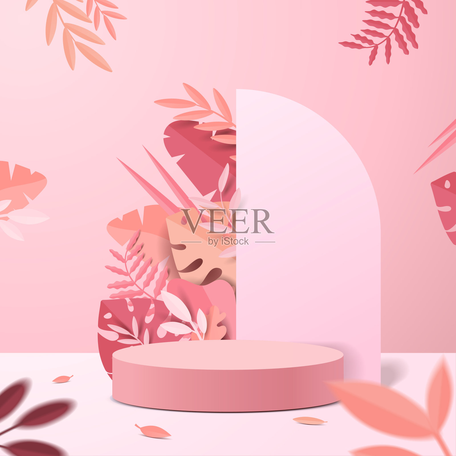 用几何形式抽象最小场景。圆柱体裙台在粉红色的背景与粉红色的植物叶子。插画图片素材