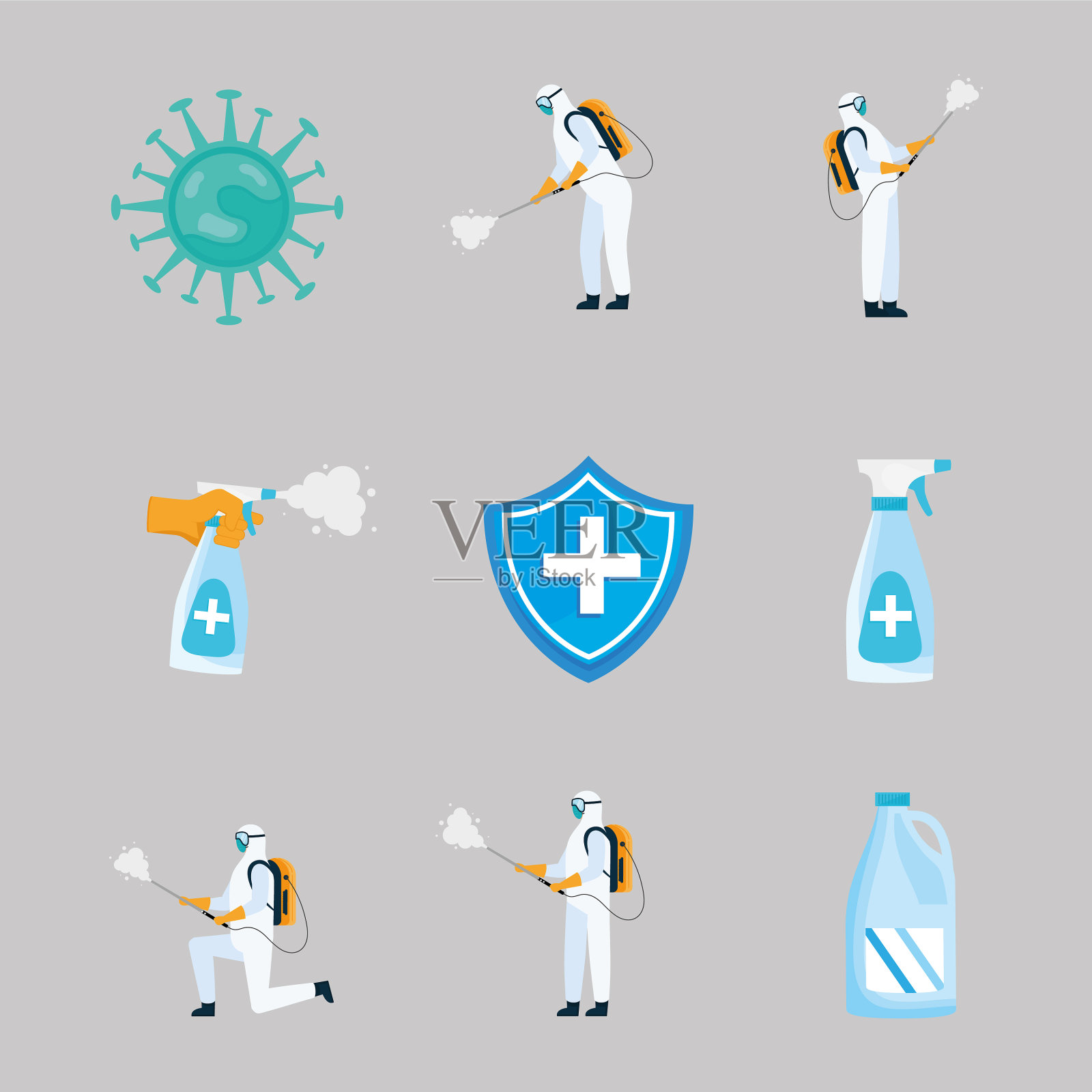 捆绑9个covid - 19消毒图标插画图片素材