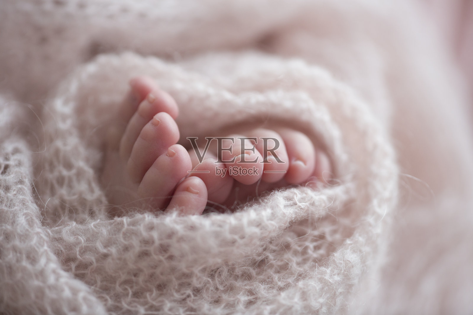 两只可爱的小脚裹在粉红色的针织毯子里。照片摄影图片