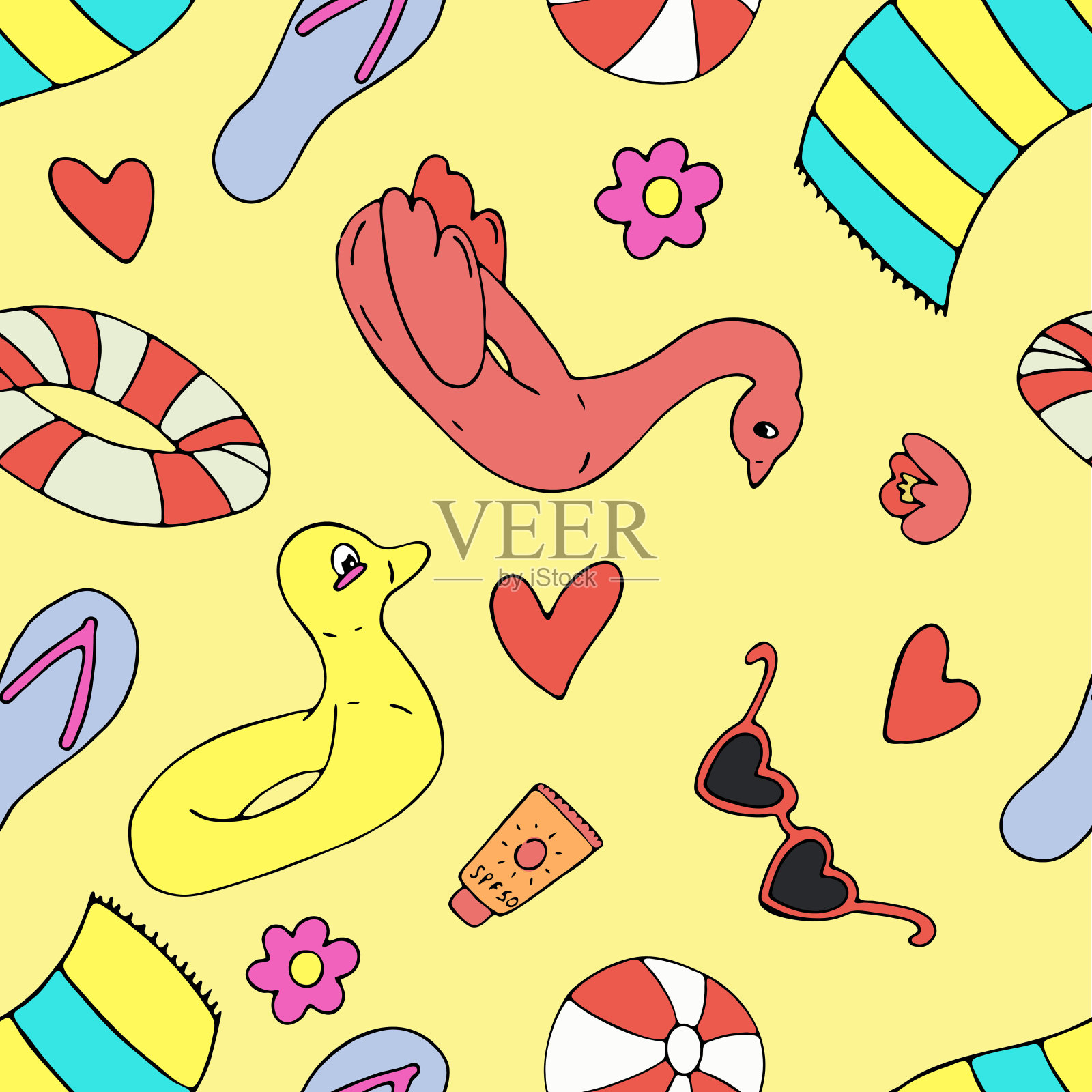 可充气的游泳圈和沙滩球，矢量无缝图案的涂鸦元素插画图片素材