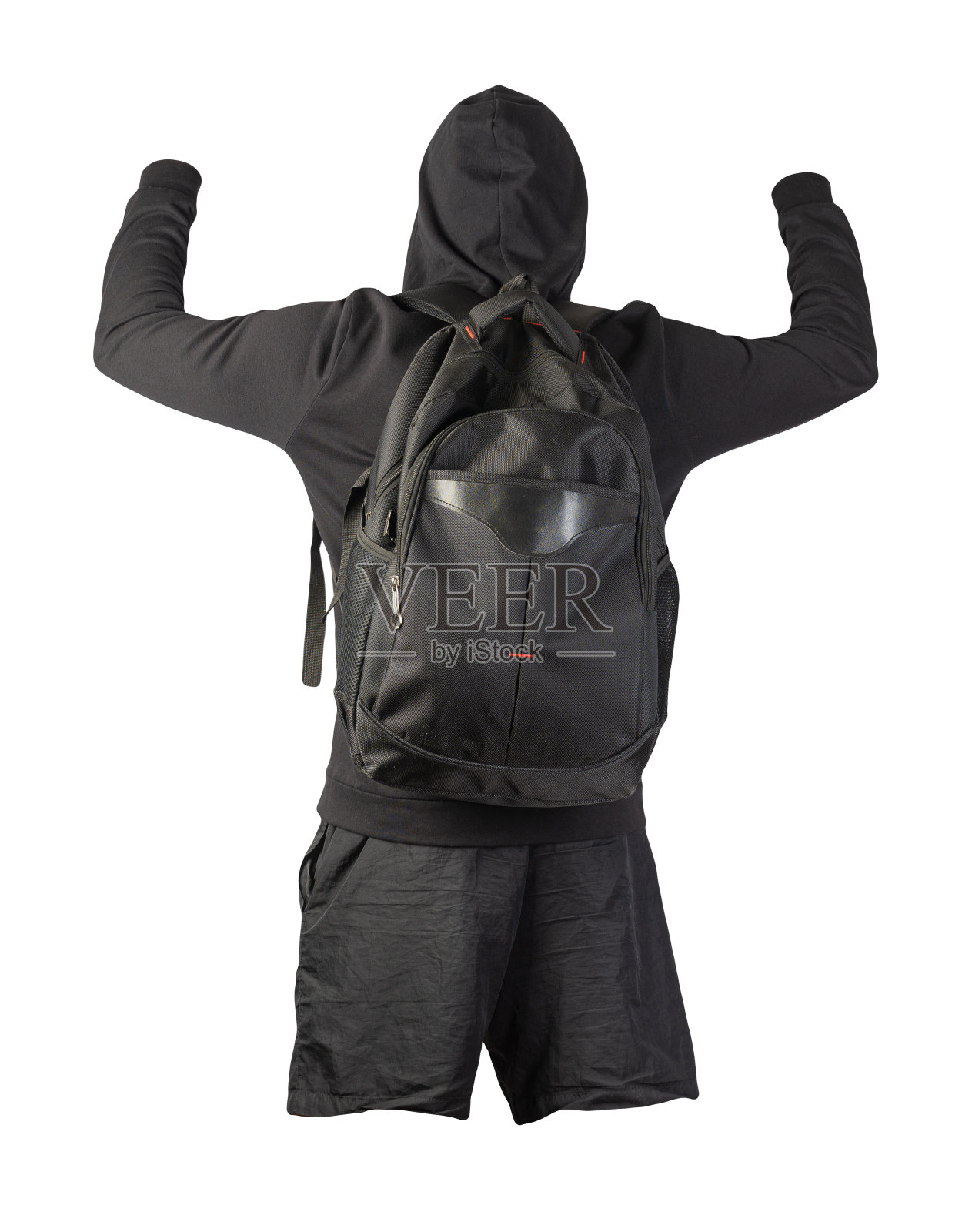 背包，运动衫，短裤孤立的白色背景。照片摄影图片