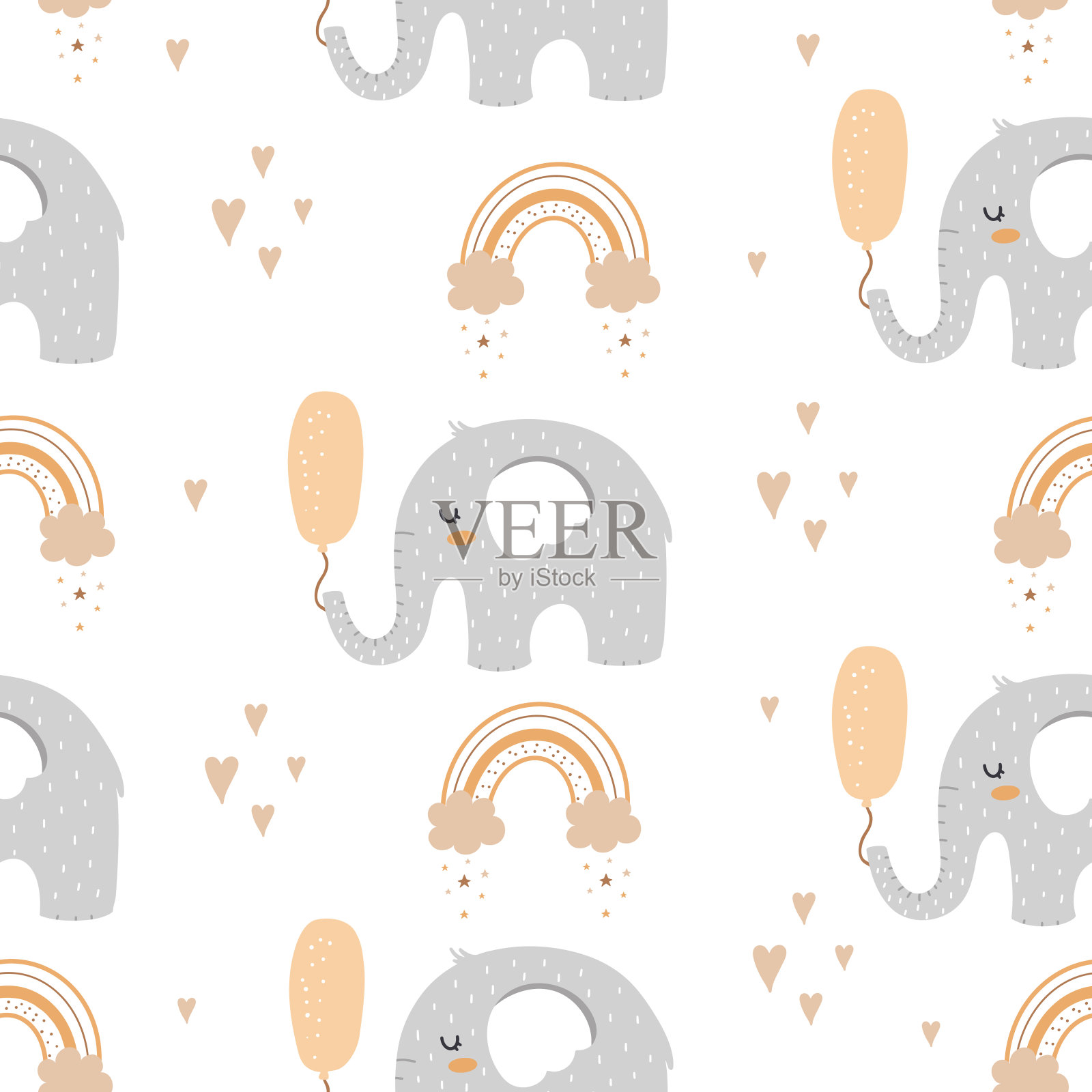 无缝模式与大象与气球在斯堪的纳维亚风格插画图片素材