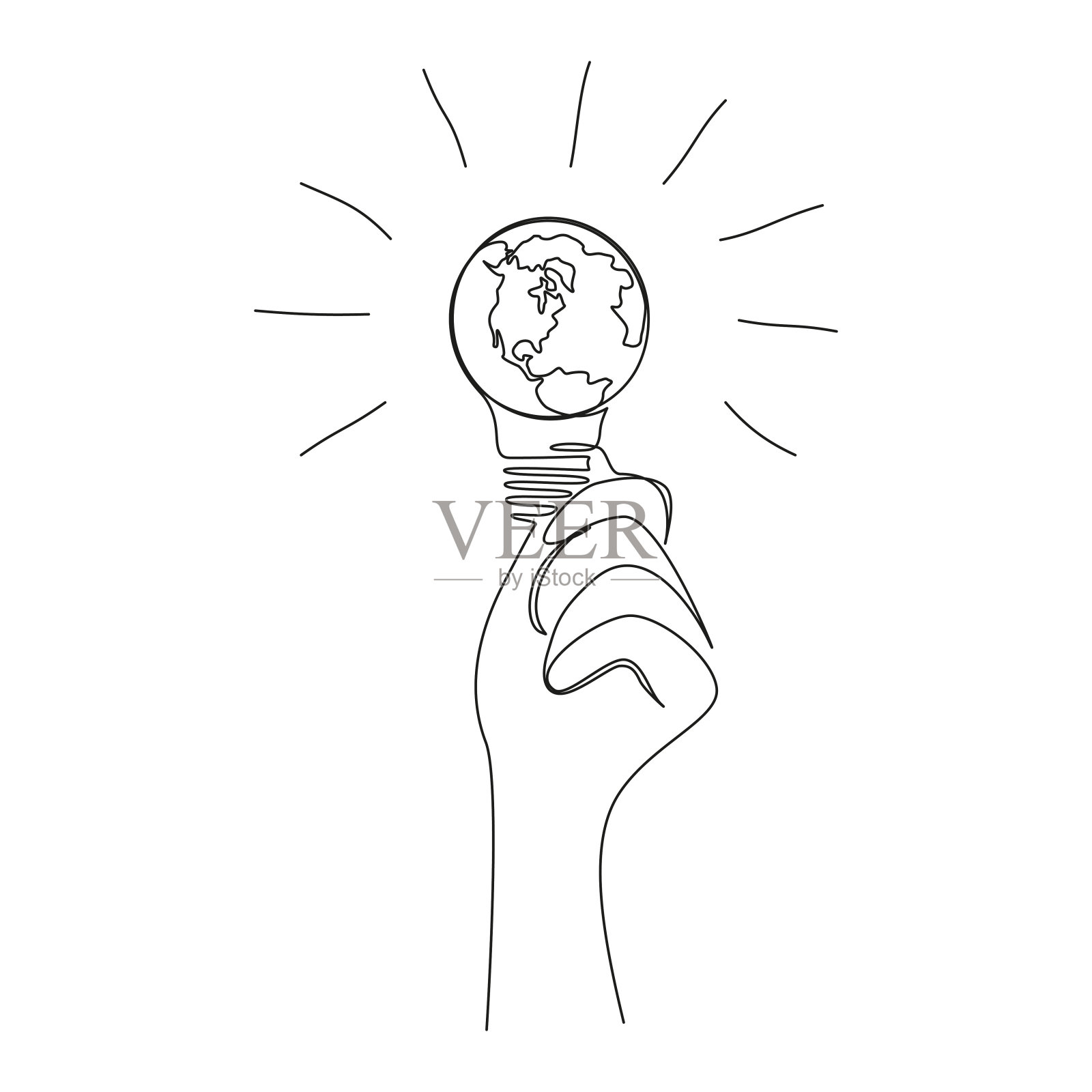 地球仪内的灯泡在一个连续的线画。世界地图在灯在简单的涂鸦风格。生态节能理念。矢量图插画图片素材