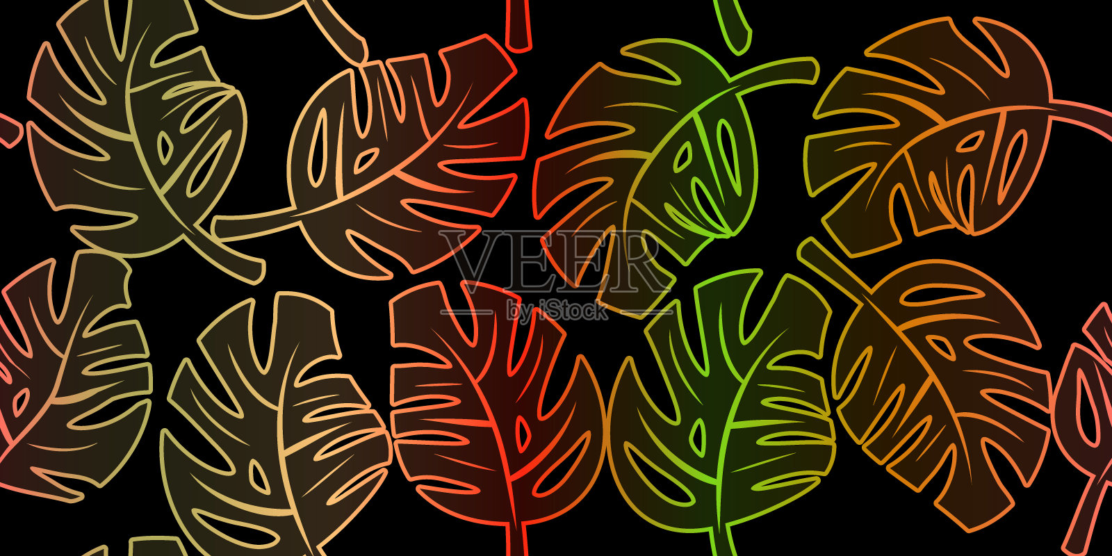 Monstera叶子彩虹颜色的黑色背景插画图片素材