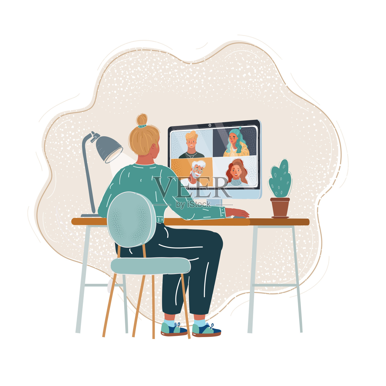 视频会议。业务团队使用聊天召集在线会议插画图片素材