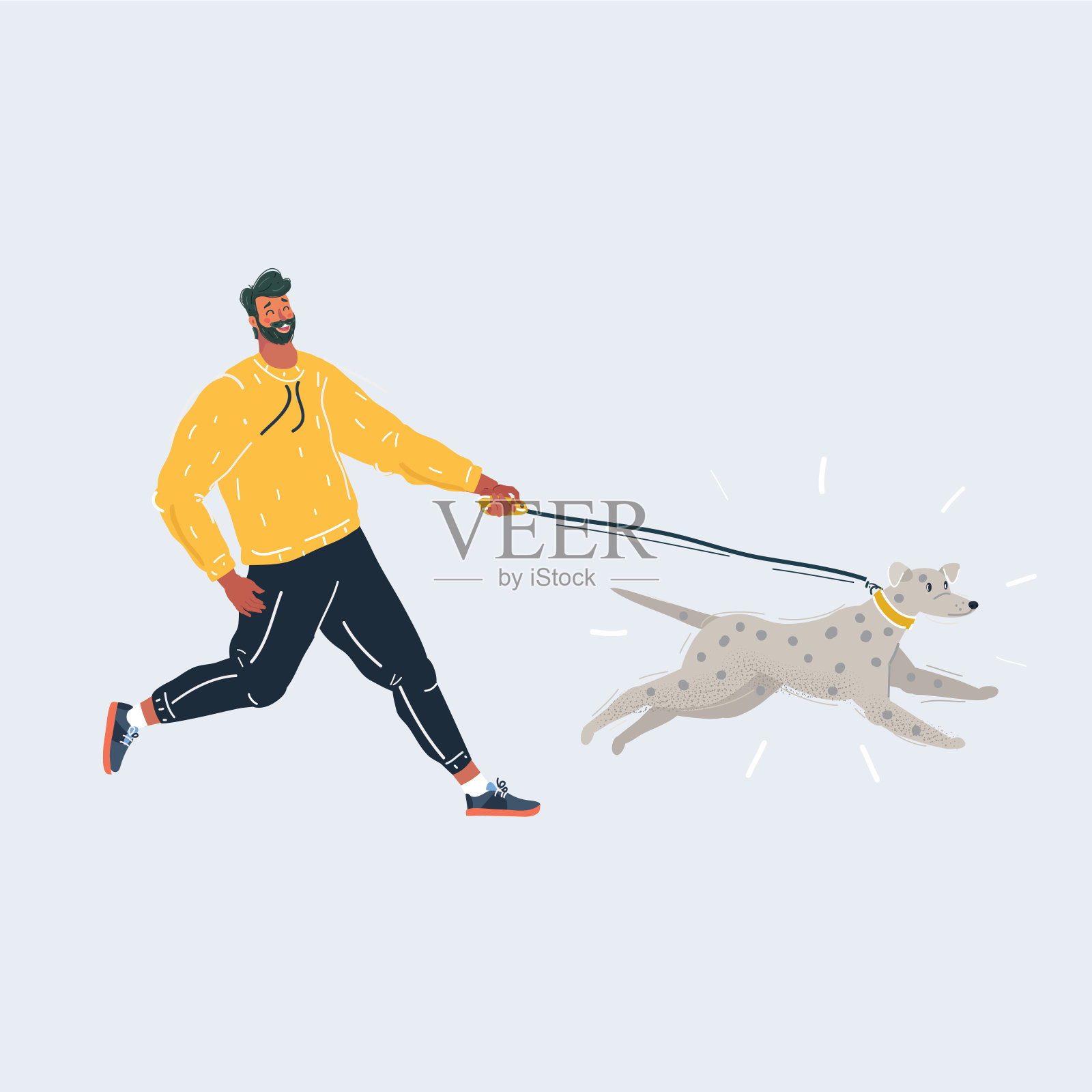 矢量插图的人玩和跑与他的狗。雨和行走的概念在白色。插画图片素材