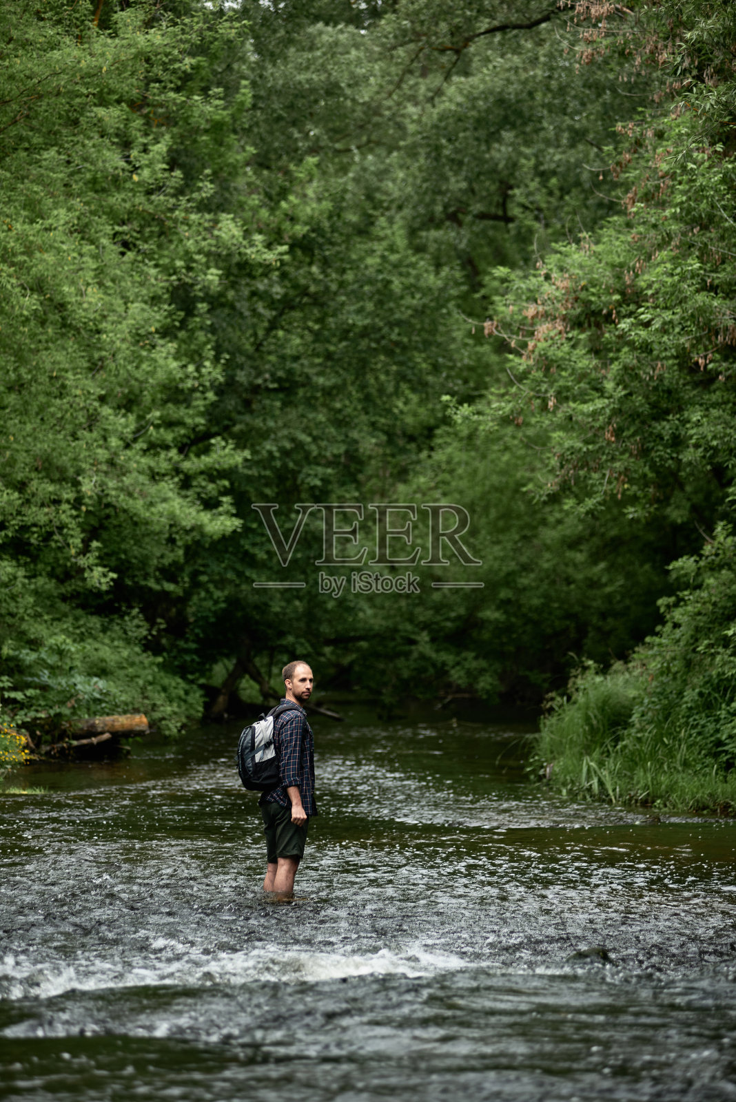 后视图的一个徒步旅行者在格子衬衫和绿色短裤照片摄影图片