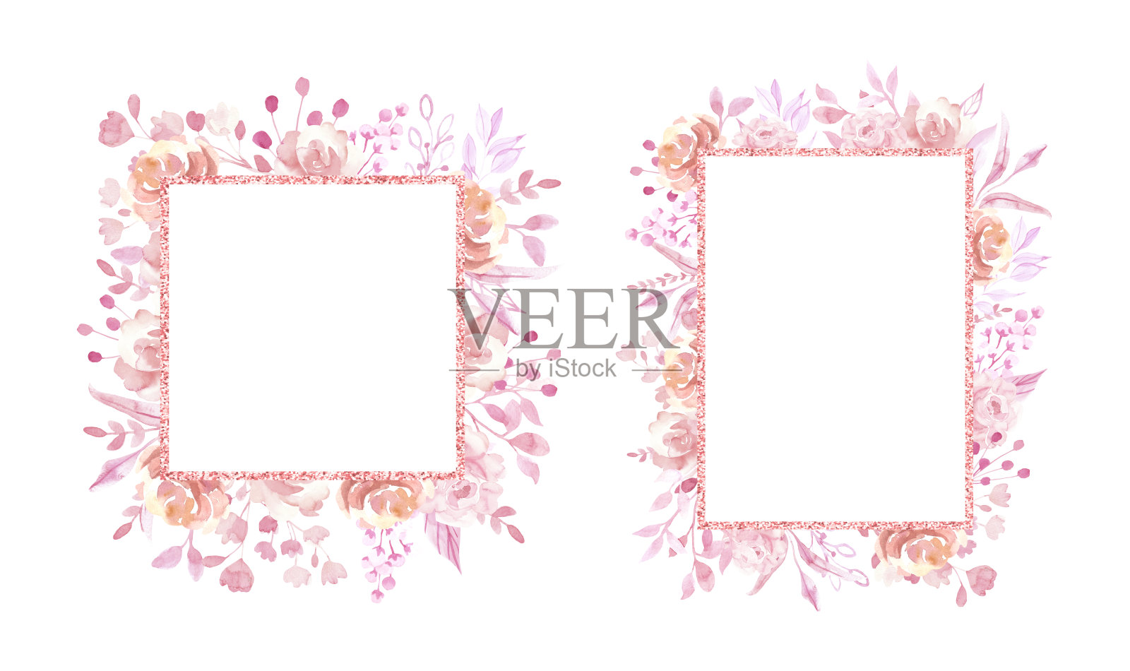 水彩手画粉色花框架，花环，花束的婚礼问候，文具，壁纸，背景插画图片素材