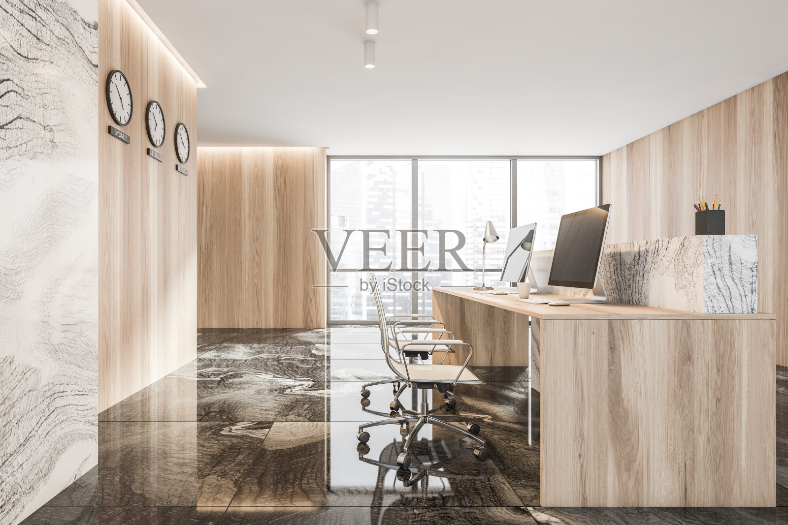 接待室内部的桌子，有家具，电脑，时钟和窗户照片摄影图片