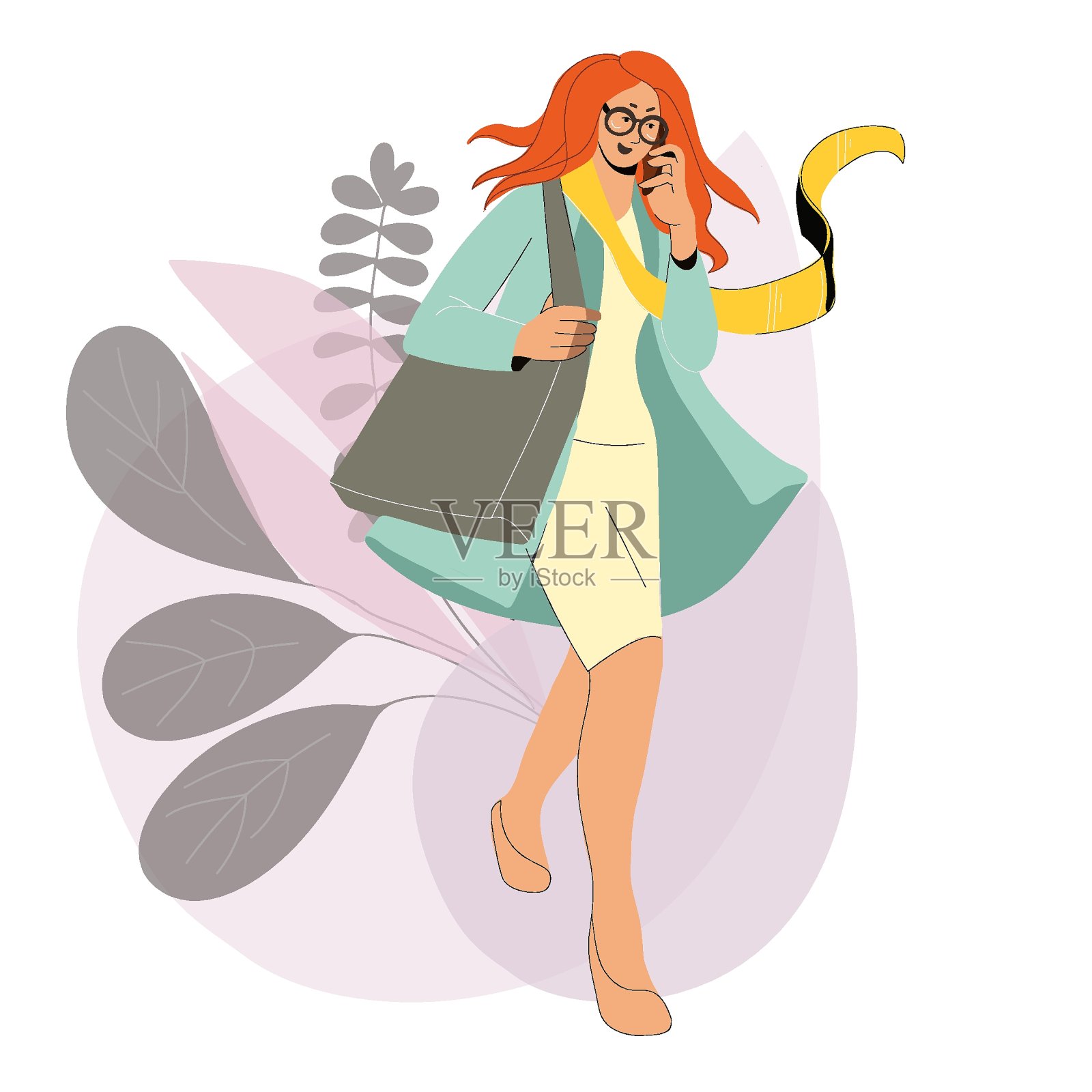 红发女人边走边打电话，步态自由，商界女性，日常生活，女性权力插画图片素材