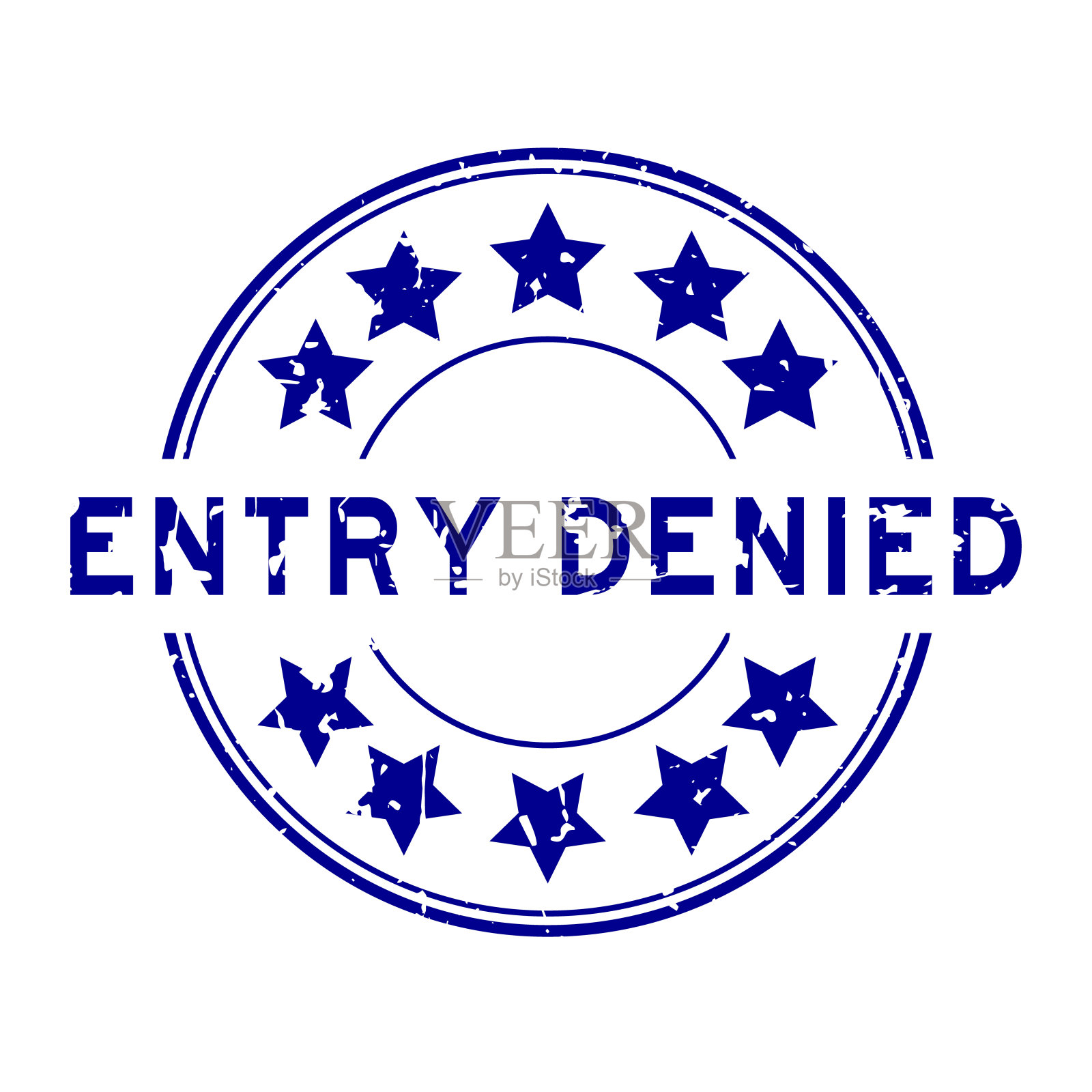 Grunge蓝色入口拒绝字星形图标圆形橡胶印章印章在白色背景插画图片素材