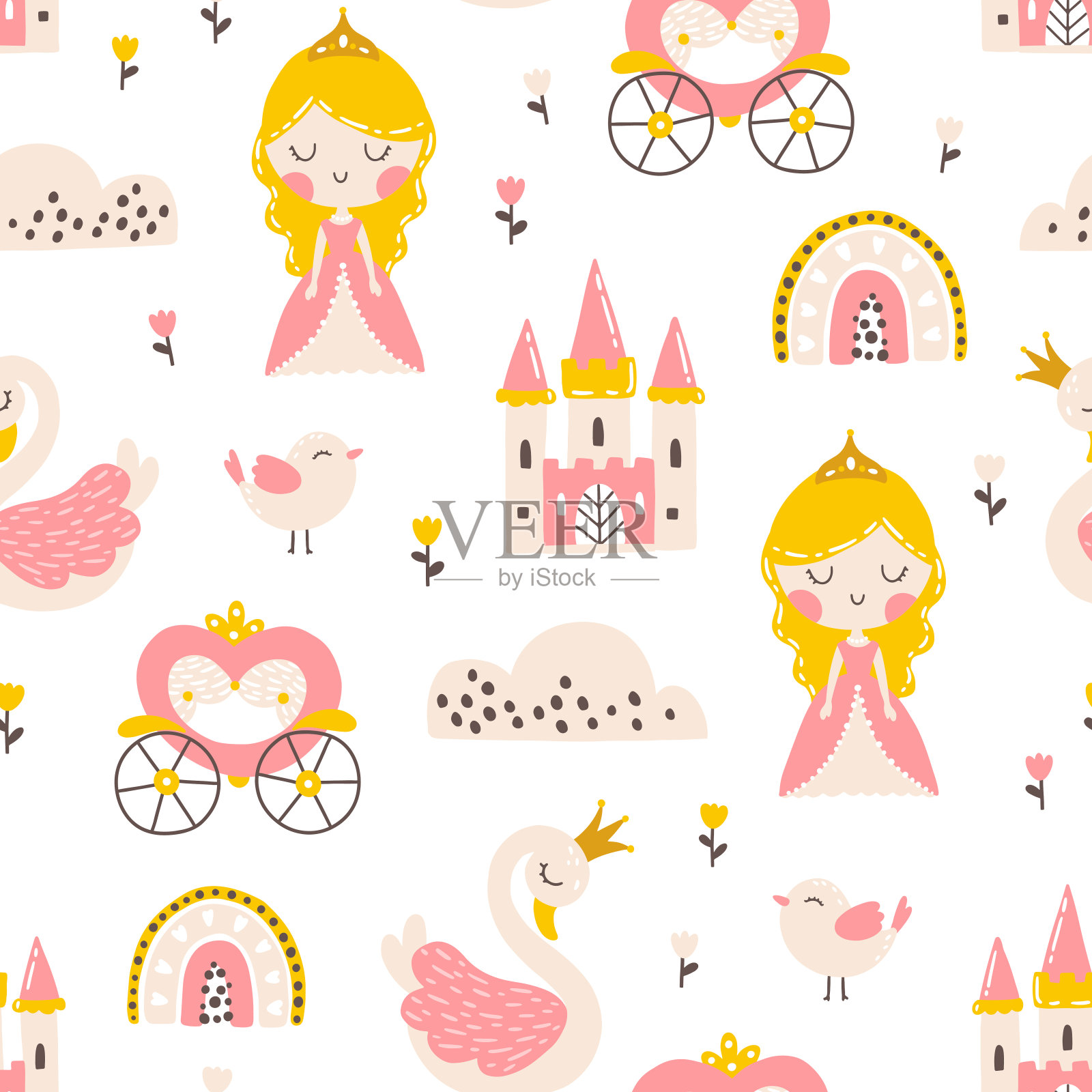 公主无缝图案天鹅，城堡，彩虹和鲜花。矢量插图的一个女孩在一个童话王国在一个手绘卡通风格。柔和的色调是婴儿服装和纺织品的理想选择插画图片素材