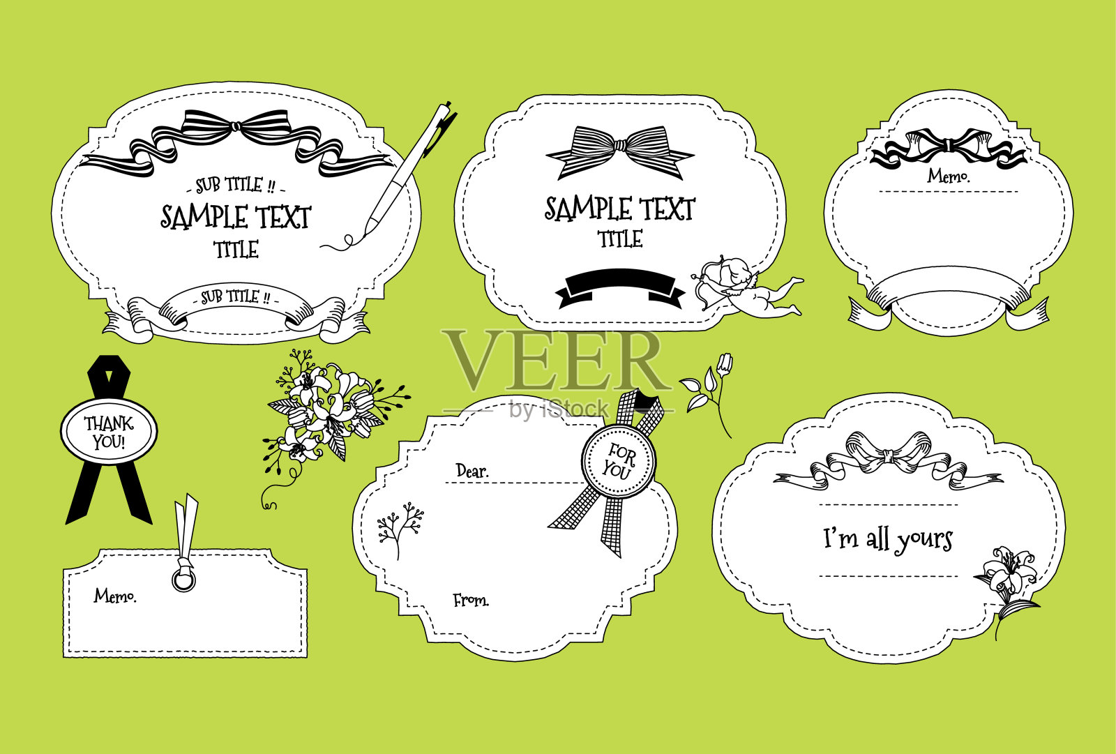 矢量插图一套手绘花和线画框插画图片素材