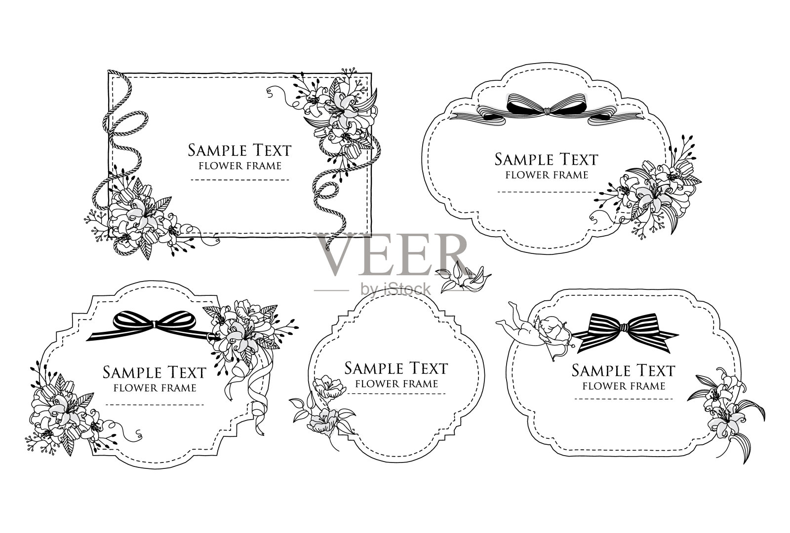 矢量插图一套手绘花和线画框插画图片素材