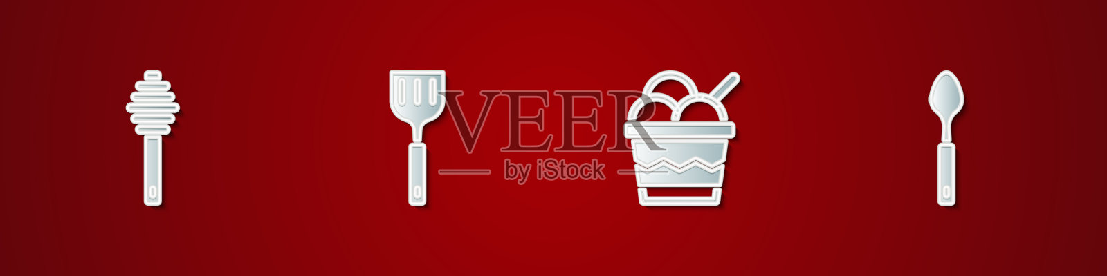 将蜂蜜勺、棒状抹刀、冰淇淋放入碗中图标素材