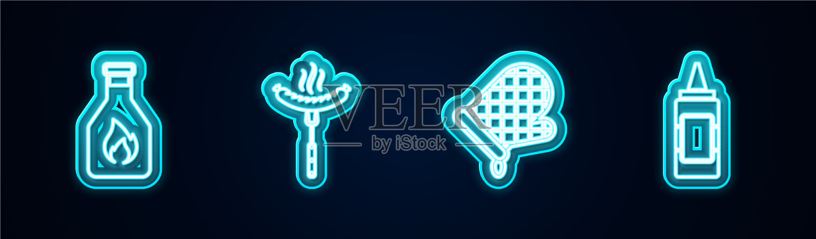 在叉子烤箱上放线番茄酱瓶香肠插画图片素材