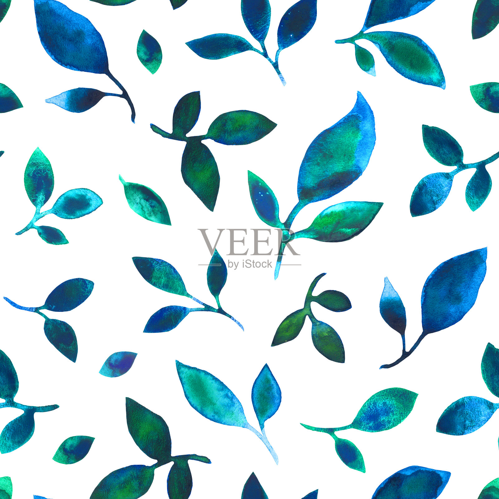 手绘水彩树叶。无缝夏季绿松石图案。适用于布料、服装、包装纸和任何背景插画图片素材