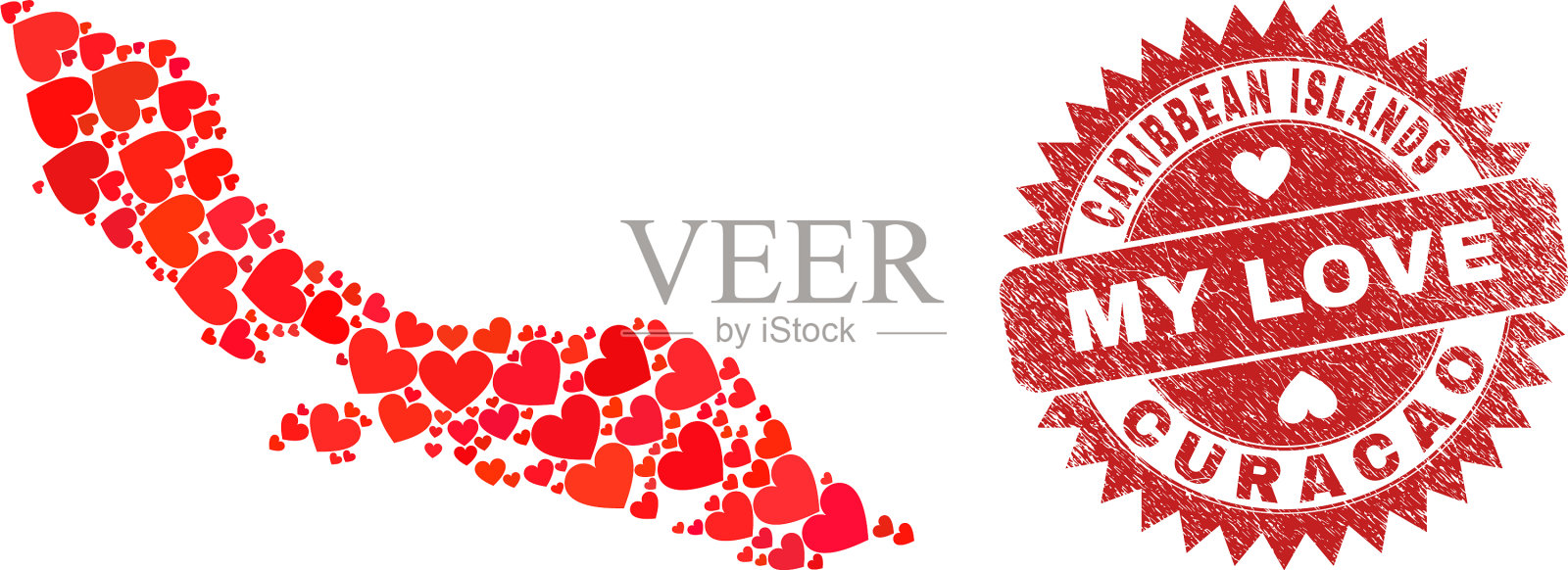 我爱的垃圾摇滚徽章和库拉索岛地图心脏插画图片素材