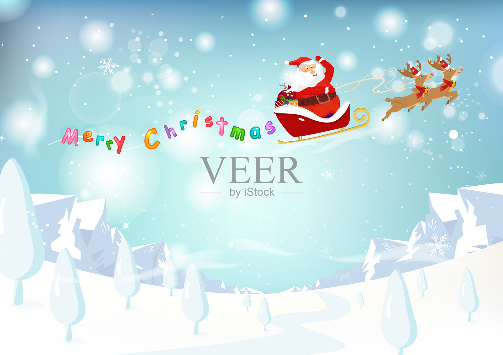 圣诞老人驯鹿山景观幻想插画图片素材