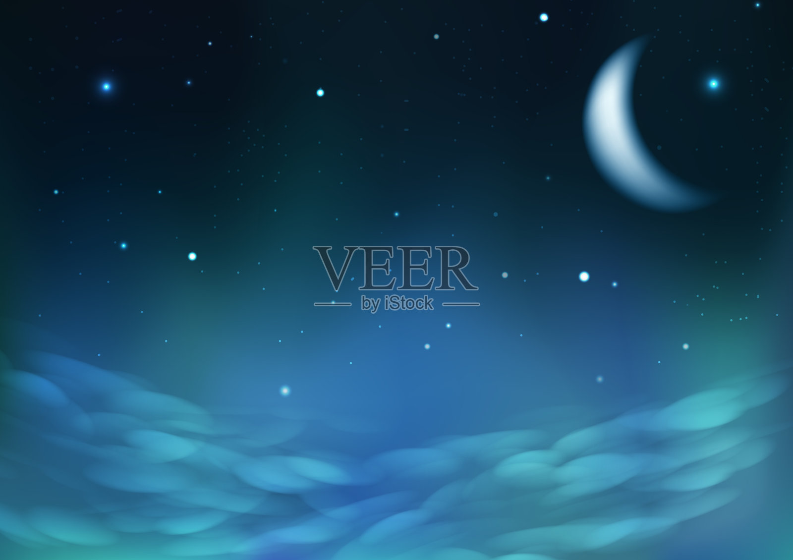 月亮在多云的夜空下星宿散落插画图片素材