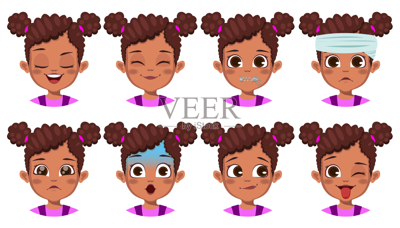 可爱的非洲女孩与不同的面部表情集插画图片素材