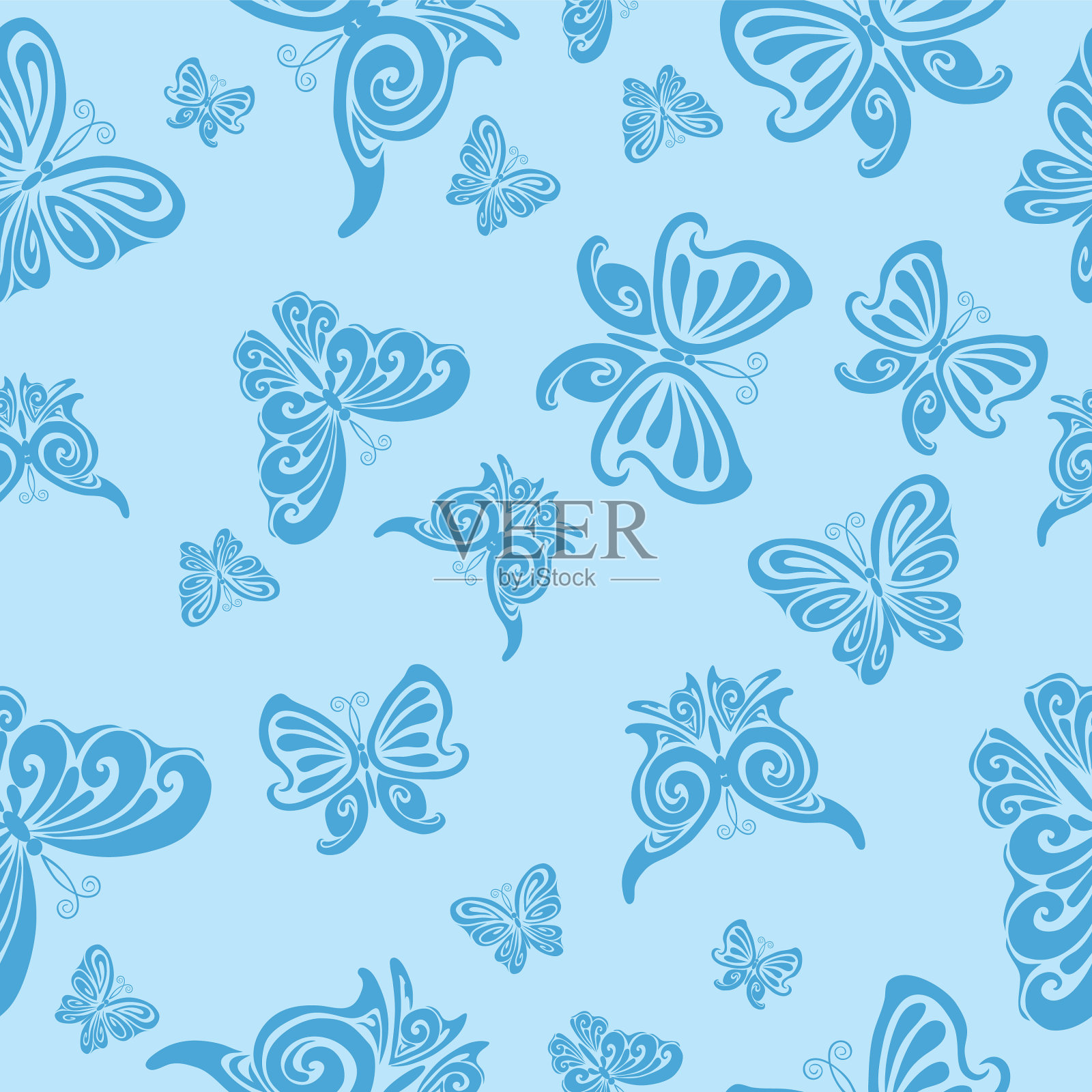 蓝色图案与蓝色蝴蝶插画图片素材