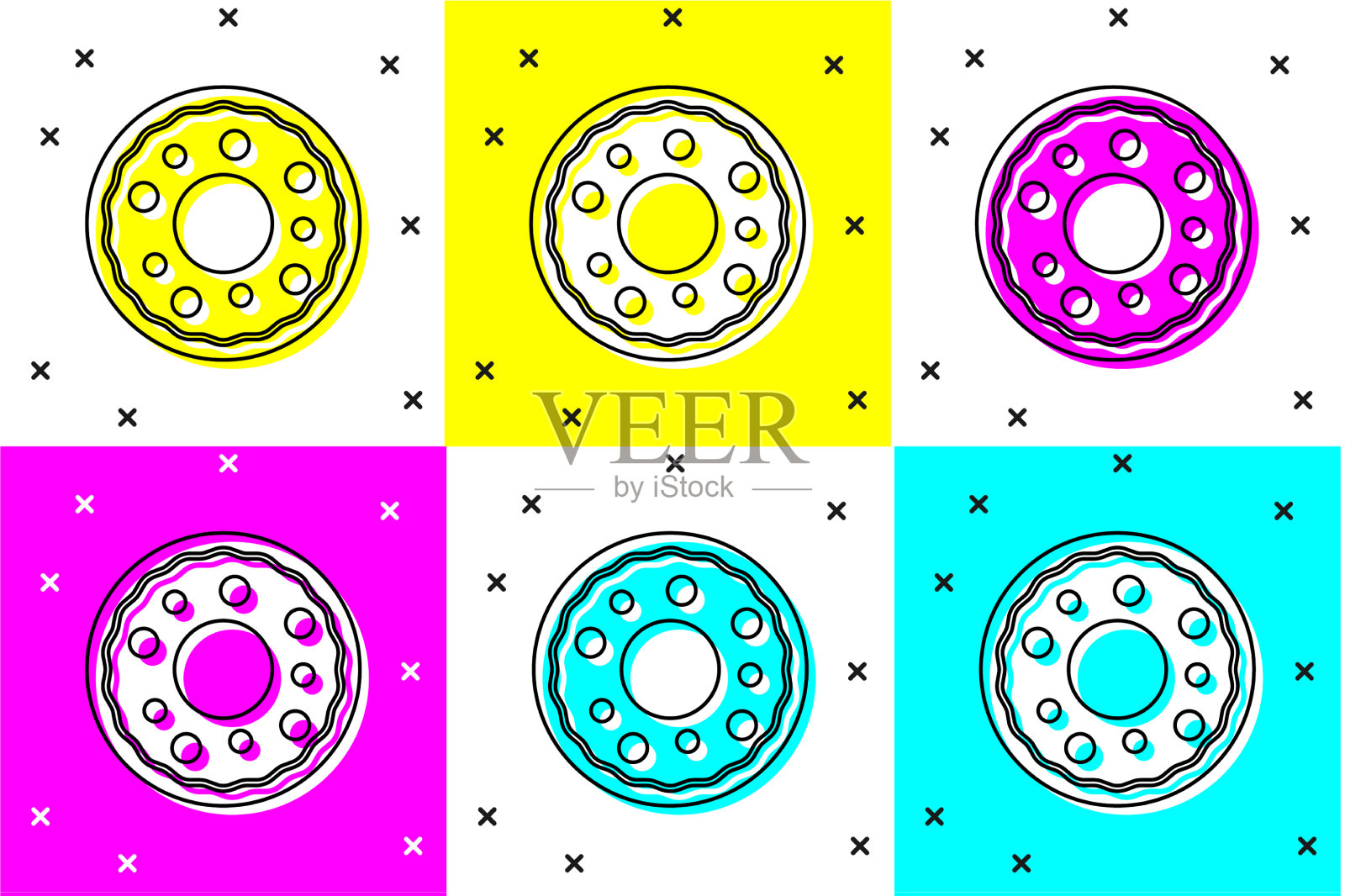 设置甜甜圈与甜釉图标孤立的颜色图标素材