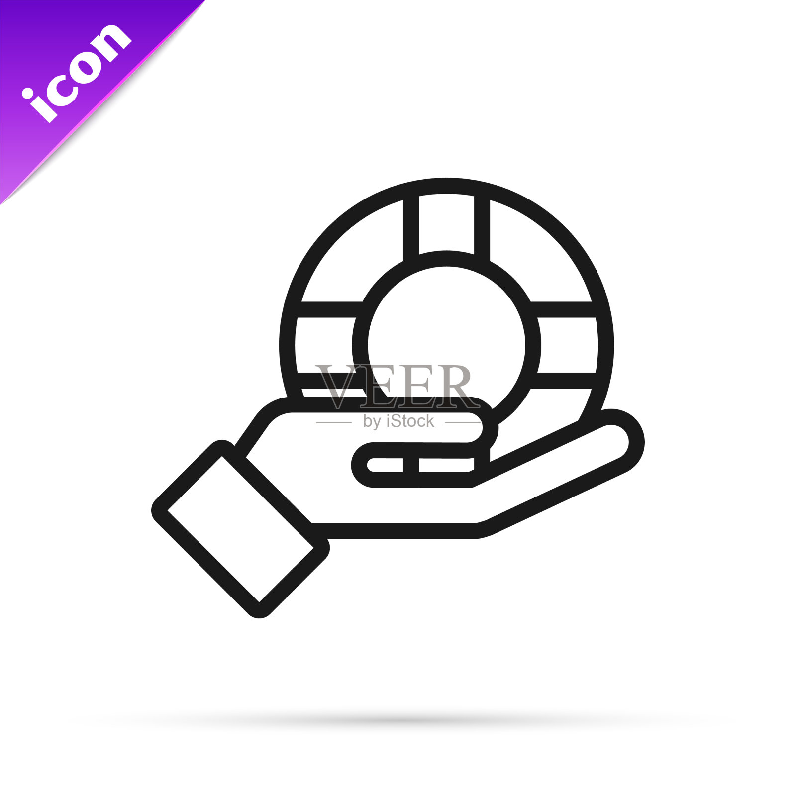 手持黑线救生圈图标孤立在白色上图标素材