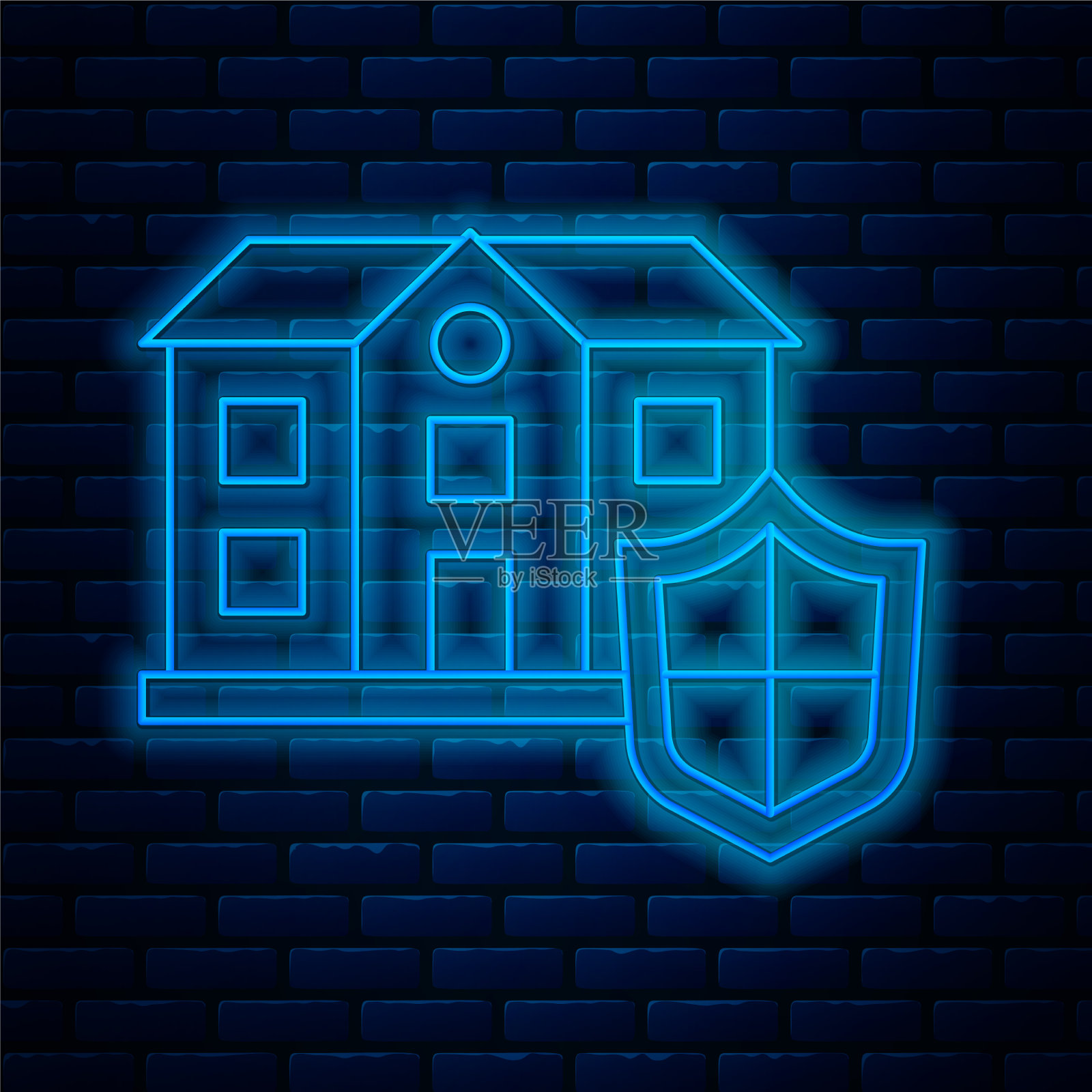 发光的霓虹灯线房子与盾牌图标隔离插画图片素材