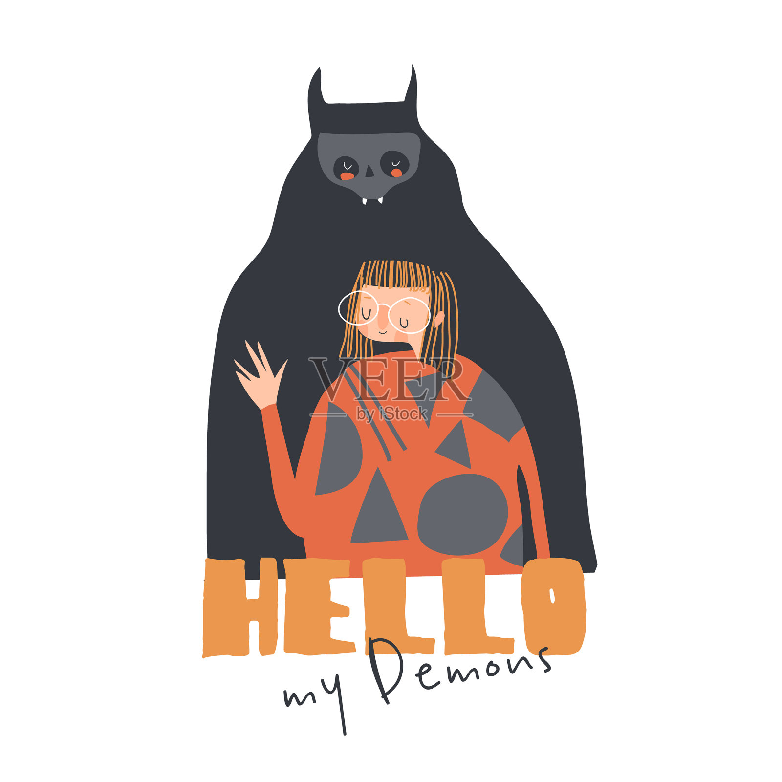 有趣的卡通女孩和她的黑魔设计元素图片