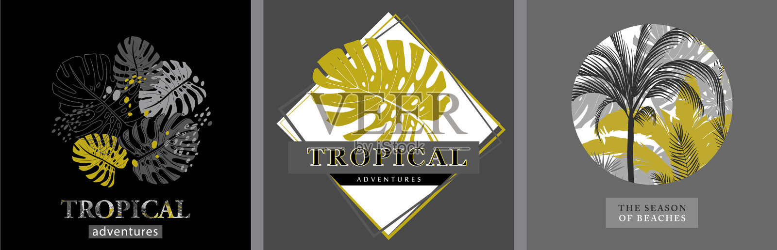 设置热带模板与怪物的叶子和插画图片素材