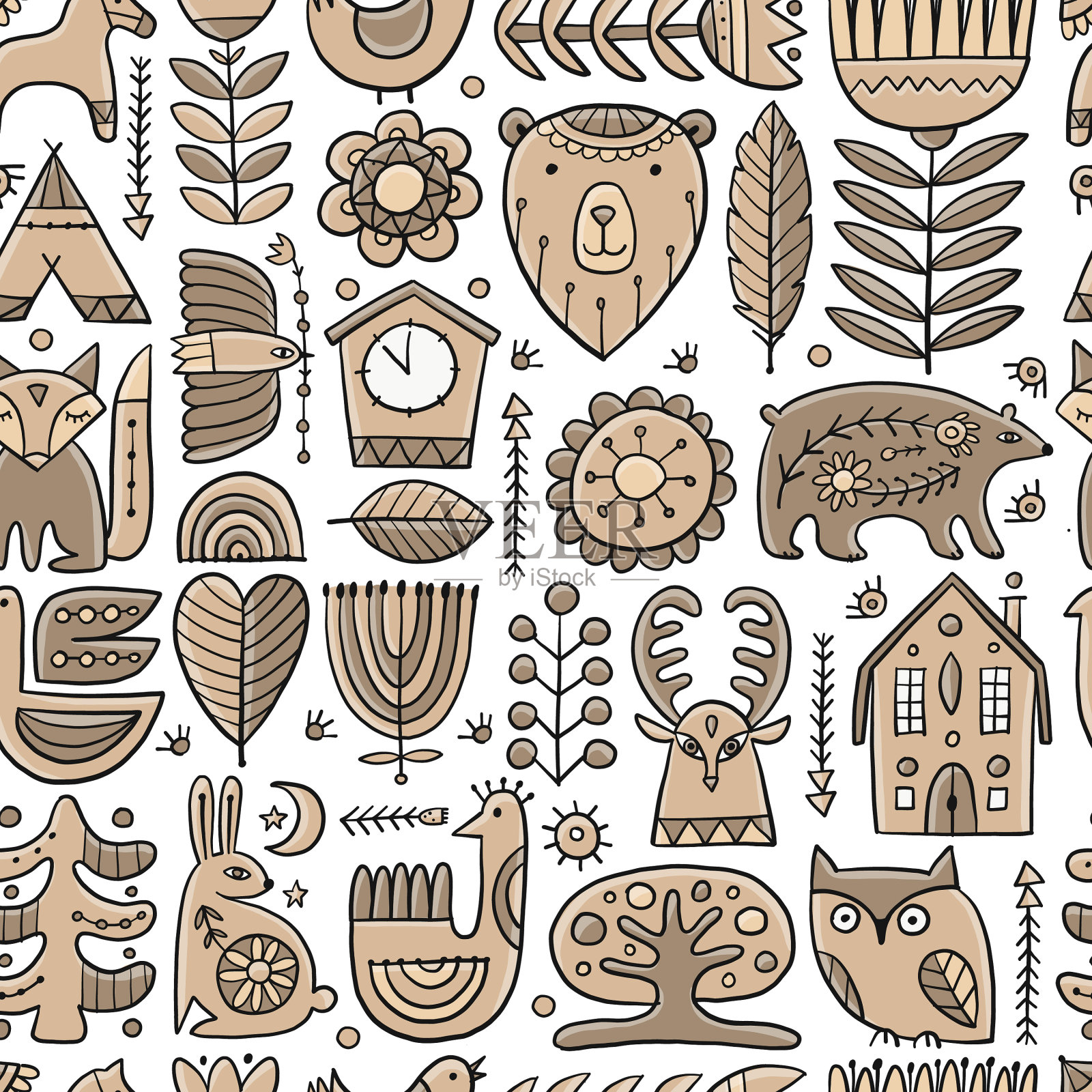 北欧装饰森林动物民俗背景插画图片素材